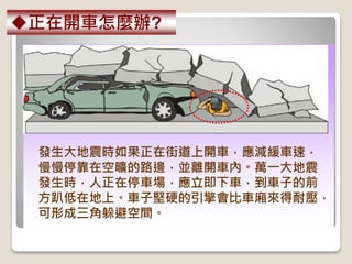 發生大地震時如果正在街道上開車，應減緩車速，
慢慢停靠在空曠的路邊，並離開車內。萬一大地震
發生時，人正在停車場，應立即下車，到車子的前
方趴低在地上。車子堅硬的引擎會比車廂來得耐壓，
可形成三角躲避空間。
正在開車怎麼辦?
 