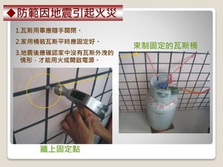 牆上固定點
束制固定的瓦斯桶
1.瓦斯用畢應隨手關閉。
2.家用桶裝瓦斯平時應固定好。
3.地震後應確認家中沒有瓦斯外洩的
情形，才能用火或開啟電源。
防範因地震引起火災
 