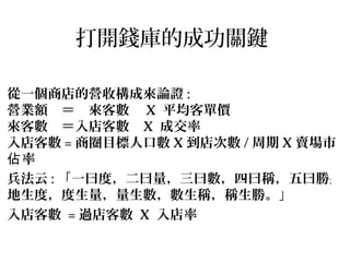 打開錢庫的成功關鍵
從一個商店的營收構成來論證 :
營業額　＝　來客數　 X 平均客單價
來客數　＝入店客數 X 成交率
入店客數 = 商圈目標人口數 X 到店次數 / 周期 X 賣場市
率佔
兵法云 : 「一曰度，二曰量，三曰數，四曰稱，五曰勝﹔
地生度，度生量，量生數，數生稱，稱生勝。」
入店客數 = 過店客數 X 入店率
 