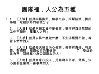 團隊裡，人分為五種
• 1 、【人渣】就是牢騷抱怨、無事生非，拉幫結派，挑起
事端、吃裡扒外的破壞分子；
 
2 、【人員】就是只領工資不愛做事，安排與自己無關的
工作不願幹，屬庸人之列；
 
3 、【人手】就是安排什麼做什麼，不安排絕對不做，等
著下命令的人；
 
4 、【人才】就是每天發自內心做事，做事有責任、有思
路、有條理，知道公司的事做好                      了，受益的
是自己，同時真心為公司操心的人；
 
5 、【人物】就是全身心投入，用靈魂去​​思考、做事，決
心要和企業做一番事業的人！
 