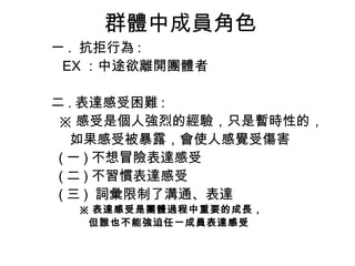 群體中成員角色
一 .  抗拒行為 :
EX ：中途欲離開團體者
二 . 表達感受困難 :
※ 感受是個人強烈的經驗，只是暫時性的，
如果感受被暴露，會使人感覺受傷害
( 一 ) 不想冒險表達感受
( 二 ) 不習慣表達感受
( 三 )  詞彙限制了溝通、表達
※ 表達感受是團體過程中重要的成長，
但誰也不能強迫任一成員表達感受
 