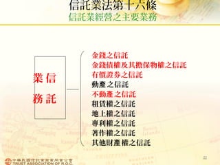 信託業法第十六條
信託業經營之主要業務
22
信
託
業
務
金錢之信託
金錢債權及其擔保物權之信託
有價證券之信託
動 之信託產
不動 之信託產
租賃權之信託
地上權之信託
專利權之信託
著作權之信託
其他財 權之信託產
 