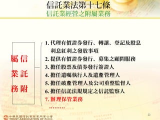 信託業法第十七條
信託業經營之附屬業務
23
信
託
附
屬
業
務
1. 代理有價證券發行、轉讓、登記及股息
利息紅利之發放事項
2. 提供有價證券發行、募集之顧問服務
3. 擔任股票及債券發行簽證人
4. 擔任遺囑執行人及遺 管理人產
5. 擔任破 管理人及公司重整監督人產
6. 擔任信託法規規定之信託監察人
7. 理保管業務辦
………
 