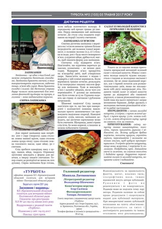 ТУРБОТА №5 (105) 05 ТРАВНЯ 2017 РОКУ
«ТУРБОТА»
офіційне видання КЗ «Кременчуцький
обласний госпіталь для ветеранів
війни» Полтавської обласної ради
Видається з серпня 2001 року
Засновник і видавець:
КЗ «Кременчуцький обласний
госпіталь для ветеранів війни»
Полтавської обласної ради
Свідоцтво про реєстрацію
ПЛ № 411 від 03 липня 2001 року
Віддруковано у редакції газети
«Турбота».
Підписано у світ: 04.05.2017
Наклад: 1500 прим.
Головний редактор
Микола Литвиненко
Літературний редактор
Володимир Шевченко
Комп’ютерна верстка
Ігор Салімов
Фотокореспондент
Тамара Лихванчук
Газету зверстано у видавничому центрі газети
«Турбота»
Адреса редакції: вул. Ігоря Сердюка, 23/1,
м. Кременчук, Полтавська обл., Україна,
39600
Телефон фахівця зі зв’язків із громадськістю –
78-27-54
Відповідальність за правильність
ф а к т і в , ц и т а т , в л а с н и х і м е н ,
г е о г р а ф і ч н и х н а з в , і н ш и х
відомостей несуть автори публікацій.
Р у к о п и с и і ф о т о н е
рецензуються і не повертаються.
Редакція може не поділяти точку зору
автора. Редакція залишає за собою
право редагувати і скорочувати
надані для публікації матеріали.
При використанні наших публікацій
посилання на газету обов’язкове.
В і д п о в і д а л ь н і с т ь з а з м і с т і
достовірність рекламних та інших
оголошень несе рекламодавець.
ДІЄТИЧНІ РЕЦЕПТИ
Лідія ПАТАЛАХ,
дієтична сестра
ЗАПІКАНКИ
Запіканка – це одне з тих блюд, які
можна готувати багатьма способа-
ми. Запіканки бувають овочеві, в яких
використовують картоплю, кабачки
тощо, м’ясні або сирні. Вони бувають
солодкі і солоні. Ця дієтична страва
дарує чимало можливостей для вті-
лення фантазій кулінара чи кухаря, а
головне – вона надзвичайно корисна.
СИРНА ЗАПІКАНКА
Для сирної запіканки вам потріб-
но: 200 г сиру (творога); одна столо-
ва ложка манної крупи, одна столова
ложка цукру-піску; одна столова лож-
ка топленого масла; одне яйце; 50 г
сметани.
Слід зробити однорідну масу з цу-
кру, манки, яйця, творога. Отриману
заготовку викладіть у форму для ви-
пічки, а зверху змажте сметаною. Те-
пер ставте до розігрітої не менш як 200
духовку. Сирна запіканка буде готова,
коли набуде золотистого кольору. В
середньому цей процес триває 30 хви-
лин. Перед вживанням хай запіканка
остигне. До столу слід подавати порі-
заною на порції і политу сметаною.
ЗАПІКАНКА ІЗ М’ЯСОМ
Смачна дієтична запіканка з вермі-
шеллю і м’ясом вимагає трішки більше
інгредієнтів: дві склянки тонкої вермі-
шелі; 2 склянки молока (0.5 л) і стіль-
ки ж води; 300 г будь-якого нежирного
м’яса; 2 курячих яйця; дрібка солі; мас-
ло, щоб змазати форму для запікання.
Спочатку слід відварити м’ясо.
Пам’ятайте, що курятина вариться 50
хвилин, яловичина – не менше двох
годин. Відварене м’ясо прокрутіть
на м’ясорубці двічі, щоб утворилося
пюре. Закип’ятіть молоко з водою і
відваріть у цій суміші вермішель. Коли
вермішель трішки остигне, розкладіть
її на попередньо змазану маслом фор-
му для запікання. Туди ж викладіть
м’ясо і залийте яйцями, після чого усе
перемішайте. У духовці ця запіканка
має бути готова за 15 хв. Гурмани пода-
ють цю страву зі сметаною і рубленою
петрушкою.
Шановні пацієнти! Слід завжди
пам’ятати про те, що їжа при панкре-
атиті і холециститі повинна макси-
мально просто засвоюватися і не про-
вокувати виділення секреції. Наведені
рецепти: супів, киселю, запіканки до-
водять, що дієтичне харчування може
бути смачним. Щоправда, деякі страви
слід їсти, бо вони корисні, а іншими ж
можна побалувати гурмана.
САЛАТ ІЗ МОЛОДОЇ КАПУСТИ З
ОГІРКАМИ І ЗЕЛЕННЮ
Усього за 10 хвилин можна приго-
тувати прекрасний весняний зелений
салат з молодої капусти. Ніжна і соко-
вита молода капуста чудово поєдну-
ється з такими ж молодими овочами і
зеленню. Це не лише відмінний пере-
кус, але і гарний початок для розван-
тажувальних днів, якщо ви заплану-
вали собі дієту напередодні літа. По-
давати такий салат зі свіжої капусти
краще до відвареної або смаженої
картоплі, а також різноманітних каш -
їхній смак від цього зміниться і заграє
весняними барвами. Добре дружать з
молодими овочами різноманітні м’яс-
ні та рибні частування.
ІНГРЕДІЄНТИ: 1 качан молодої
капусти; 2 огірка; 1 пучок зеленої ци-
булі; 1 пучок кропу; 3 ст. ложки олії;
1-2 ст. ложки яблучного оцту; цукор
за смаком; сіль за смаком.
ПРИГОТУВАННЯ: свіжу ка-
пусту тонко нашаткуйте, посо-
літь, трохи примніть руками і ві-
діжміть сік. Зелену цибулю дрібно
поріжте, посипте цукром, скропіть
оцтом, перемішайте і залиште на
кілька хвилин, щоб цибуля промари-
нувалася. З огірків зріжте шкуринку,
якщо вона жорстка, і поріжте їх со-
ломкою. Подрібніть кріп. Змішайте
овочі із зеленню, за смаком посоліть
і додайте цукор. Акуратно перемі-
шайте салат із молодої капусти, за-
правте олією і подавайте.
Смачного!
 