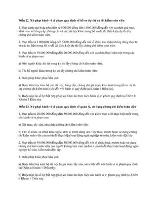 Điều 22. Xử phạt hành vi vi phạm quy định về hồ sơ dự thi và thi kiểm toán viên
1. Phạt cảnh cáo hoặc phạt tiền từ 500.000 đồng đến 1.000.000 đồng đối với cá nhân giả mạo,
khai man về bằng cấp, chứng chỉ và các tài liệu khác trong hồ sơ để đủ điều kiện dự thi lấy
chứng chỉ kiểm toán viên.
2. Phạt tiền từ 3.000.000 đồng đến 5.000.000 đồng đối với tổ chức xác nhận không đúng thực tế
về các tài liệu trong hồ sơ để đủ điều kiện dự thi lấy chứng chỉ kiểm toán viên.
3. Phạt tiền từ 10.000.000 đồng đến 20.000.000 đồng đối với cá nhân thực hiện một trong các
hành vi vi phạm sau:
a) Nhờ người khác thi hộ trong kỳ thi lấy chứng chỉ kiểm toán viên;
b) Thi hộ người khác trong kỳ thi lấy chứng chỉ kiểm toán viên.
4. Biện pháp khắc phục hậu quả:
a) Buộc tiêu hủy toàn bộ các tài liệu, bằng cấp, chứng chỉ giả mạo, khai man trong hồ sơ dự thi
lấy chứng chỉ kiểm toán viên đối với hành vi quy định tại Khoản 1 Điều này;
b) Buộc nộp lại số lợi bất hợp pháp có được do thực hiện hành vi vi phạm quy định tại Điểm b
Khoản 3 Điều này.
Điều 23. Xử phạt hành vi vi phạm quy định về quản lý, sử dụng chứng chỉ kiểm toán viên
1. Phạt tiền từ 20.000.000 đồng đến 30.000.000 đồng đối với kiểm toán viên thực hiện một trong
các hành vi vi phạm sau:
a) Giả mạo, tẩy xóa, sửa chữa chứng chỉ kiểm toán viên;
b) Cho tổ chức, cá nhân khác ngoài đơn vị mình đang làm việc thuê, mượn hoặc sử dụng chứng
chỉ kiểm toán viên của mình để thực hiện hoạt động nghề nghiệp kế toán, kiểm toán độc lập.
2. Phạt tiền từ 40.000.000 đồng đến 50.000.000 đồng đối với tổ chức thuê, mượn hoặc sử dụng
chứng chỉ kiểm toán viên của người không làm việc tại đơn vị mình để thực hiện hoạt động nghề
nghiệp kế toán, kiểm toán độc lập.
3. Biện pháp khắc phục hậu quả:
a) Buộc tiêu hủy toàn bộ tài liệu bị giả mạo, tẩy xóa, sửa chữa đối với hành vi vi phạm quy định
tại Điểm a Khoản 1 Điều này;
b) Buộc nộp lại số lợi bất hợp pháp có được do thực hiện các hành vi vi phạm quy định tại Điểm
b Khoản 1 Điều này.
 