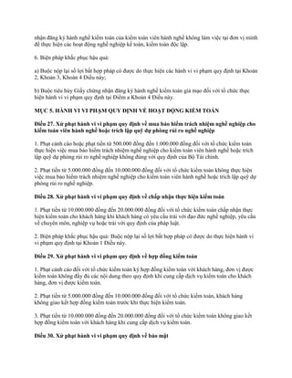 nhận đăng ký hành nghề kiểm toán của kiểm toán viên hành nghề không làm việc tại đơn vị mình
để thực hiện các hoạt động nghề nghiệp kế toán, kiểm toán độc lập.
6. Biện pháp khắc phục hậu quả:
a) Buộc nộp lại số lợi bất hợp pháp có được do thực hiện các hành vi vi phạm quy định tại Khoản
2, Khoản 3, Khoản 4 Điều này;
b) Buộc tiêu hủy Giấy chứng nhận đăng ký hành nghề kiểm toán giả mạo đối với tổ chức thực
hiện hành vi vi phạm quy định tại Điểm a Khoản 4 Điều này.
MỤC 5. HÀNH VI VI PHẠM QUY ĐỊNH VỀ HOẠT ĐỘNG KIỂM TOÁN
Điều 27. Xử phạt hành vi vi phạm quy định về mua bảo hiểm trách nhiệm nghề nghiệp cho
kiểm toán viên hành nghề hoặc trích lập quỹ dự phòng rủi ro nghề nghiệp
1. Phạt cảnh cáo hoặc phạt tiền từ 500.000 đồng đến 1.000.000 đồng đối với tổ chức kiểm toán
thực hiện việc mua bảo hiểm trách nhiệm nghề nghiệp cho kiểm toán viên hành nghề hoặc trích
lập quỹ dự phòng rủi ro nghề nghiệp không đúng với quy định của Bộ Tài chính.
2. Phạt tiền từ 5.000.000 đồng đến 10.000.000 đồng đối với tổ chức kiểm toán không thực hiện
việc mua bảo hiểm trách nhiệm nghề nghiệp cho kiểm toán viên hành nghề hoặc trích lập quỹ dự
phòng rủi ro nghề nghiệp.
Điều 28. Xử phạt hành vi vi phạm quy định về chấp nhận thực hiện kiểm toán
1. Phạt tiền từ 10.000.000 đồng đến 20.000.000 đồng đối với tổ chức kiểm toán chấp nhận thực
hiện kiểm toán cho khách hàng khi khách hàng có yêu cầu trái với đạo đức nghề nghiệp, yêu cầu
về chuyên môn, nghiệp vụ hoặc trái với quy định của pháp luật.
2. Biện pháp khắc phục hậu quả: Buộc nộp lại số lợi bất hợp pháp có được do thực hiện hành vi
vi phạm quy định tại Khoản 1 Điều này.
Điều 29. Xử phạt hành vi vi phạm quy định về hợp đồng kiểm toán
1. Phạt cảnh cáo đối với tổ chức kiểm toán ký hợp đồng kiểm toán với khách hàng, đơn vị được
kiểm toán không đầy đủ các nội dung theo quy định khi cung cấp dịch vụ kiểm toán cho khách
hàng, đơn vị được kiểm toán.
2. Phạt tiền từ 5.000.000 đồng đến 10.000.000 đồng đối với tổ chức kiểm toán, khách hàng
không giao kết hợp đồng kiểm toán trước khi thực hiện kiểm toán.
3. Phạt tiền từ 10.000.000 đồng đến 20.000.000 đồng đối với tổ chức kiểm toán không giao kết
hợp đồng kiểm toán với khách hàng khi cung cấp dịch vụ kiểm toán.
Điều 30. Xử phạt hành vi vi phạm quy định về bảo mật
 