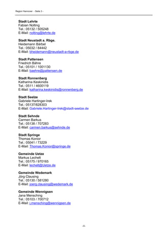 Region Hannover - Seite 3 -



  Stadt Lehrte
  Fabian Nolting
  Tel.: 05132 / 505248
  E-Mail: nolting@lehrte.de

  Stadt Neustadt a. Rbge.
  Heidemann Bärbel
  Tel.: 05032 / 84442
  E-Mail: bheidemann@neustadt-a-rbge.de

  Stadt Pattensen
  Friedrich Bähre
  Tel.: 05101 / 1001130
  E-Mail: baehre@pattensen.de

  Stadt Ronnenberg
  Katharina Keskinidis
  Tel.: 0511 / 4600119
  E-Mail: katharina.keskinidis@ronnenberg.de

  Stadt Seelze
  Gabriele Hartinger-Irek
  Tel.: 05137/828303
  E-Mail: Gabriele.Hartinger-Irek@stadt-seelze.de

  Stadt Sehnde
  Carmen Barkus
  Tel.: 05138 / 707283
  E-Mail: carmen.barkus@sehnde.de

  Stadt Springe
  Thomas Konior
  Tel.: 05041 / 73229
  E-Mail: Thomas.Konior@springe.de

  Gemeinde Uetze
  Markus Lechelt
  Tel.: 05175 / 970165
  E-Mail: lechelt@Uetze.de

  Gemeinde Wedemark
  Jörg Clausing
  Tel.: 05130 / 581280
  E-Mail: joerg.clausing@wedemark.de

  Gemeinde Wennigsen
  Jana Mensching
  Tel.: 05103 / 700712
  E-Mail: j.mensching@wennigsen.de




                                            -4-
 