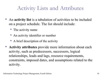 10Information Technology Project Management, Fourth Edition
Activity Lists and Attributes
 An activity list is a tabulation of activities to be included
on a project schedule. The list should include:
 The activity name
 An activity identifier or number
 A brief description of the activity
 Activity attributes provide more information about each
activity, such as predecessors, successors, logical
relationships, leads and lags, resource requirements,
constraints, imposed dates, and assumptions related to the
activity.
 