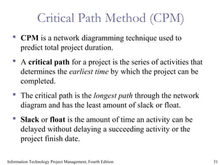 31Information Technology Project Management, Fourth Edition
Critical Path Method (CPM)
 CPM is a network diagramming technique used to
predict total project duration.
 A critical path for a project is the series of activities that
determines the earliest time by which the project can be
completed.
 The critical path is the longest path through the network
diagram and has the least amount of slack or float.
 Slack or float is the amount of time an activity can be
delayed without delaying a succeeding activity or the
project finish date.
 
