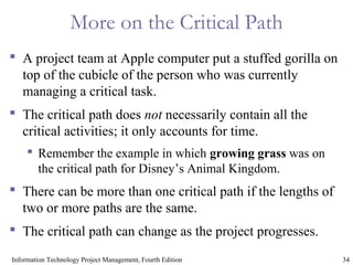34Information Technology Project Management, Fourth Edition
More on the Critical Path
 A project team at Apple computer put a stuffed gorilla on
top of the cubicle of the person who was currently
managing a critical task.
 The critical path does not necessarily contain all the
critical activities; it only accounts for time.
 Remember the example in which growing grass was on
the critical path for Disney’s Animal Kingdom.
 There can be more than one critical path if the lengths of
two or more paths are the same.
 The critical path can change as the project progresses.
 