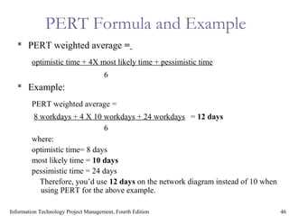 46Information Technology Project Management, Fourth Edition
PERT Formula and Example
 PERT weighted average =
optimistic time + 4X most likely time + pessimistic time
6
 Example:
PERT weighted average =
8 workdays + 4 X 10 workdays + 24 workdays = 12 days
6
where:
optimistic time= 8 days
most likely time = 10 days
pessimistic time = 24 days
Therefore, you’d use 12 days on the network diagram instead of 10 when
using PERT for the above example.
 