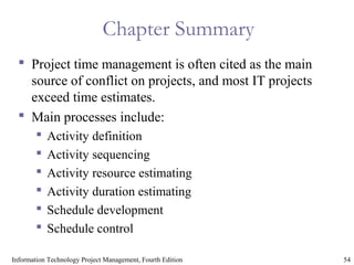 54Information Technology Project Management, Fourth Edition
Chapter Summary
 Project time management is often cited as the main
source of conflict on projects, and most IT projects
exceed time estimates.
 Main processes include:
 Activity definition
 Activity sequencing
 Activity resource estimating
 Activity duration estimating
 Schedule development
 Schedule control
 