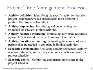 8Information Technology Project Management, Fourth Edition
Project Time Management Processes
 Activity definition: Identifying the specific activities that the
project team members and stakeholders must perform to
produce the project deliverables.
 Activity sequencing: Identifying and documenting the
relationships between project activities.
 Activity resource estimating: Estimating how many resources
a project team should use to perform project activities.
 Activity duration estimating: Estimating the number of work
periods that are needed to complete individual activities.
 Schedule development: Analyzing activity sequences, activity
resource estimates, and activity duration estimates to create the
project schedule.
 Schedule control: Controlling and managing changes to the
project schedule.
 