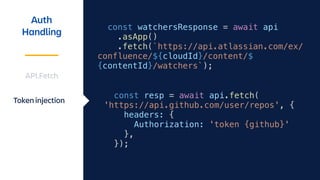 Auth
Handling
API.Fetch
Token injection
Consent Flows
const watchersResponse = await api
.asApp()
.fetch(`https://api.atla...