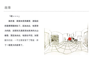 故事
「啊～～～」
風吹著，鋒葉林晃得厲害，差點就
把蘋果開腸剖肚了。因為如此，他更努
力的跑，沒想到又遇見突如其來的火山
爆發，更因為如此，他頭也不回、加緊
腳步的逃，一不注意家落下了懸崖，摔
了一個更大的瘀青了。
 