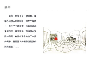 故事
這時，他看見了一間旅館，便
開心的躍入倒頭就睡，但在午夜時
分，發生了７級強震，所有東西都
東倒西歪，甚至墜落，而睡夢中驚
醒的蘋果，在空中緊急的拉了一旁
的繩子，雖然這次的衝擊讓他真的
開腸剖肚了......
 