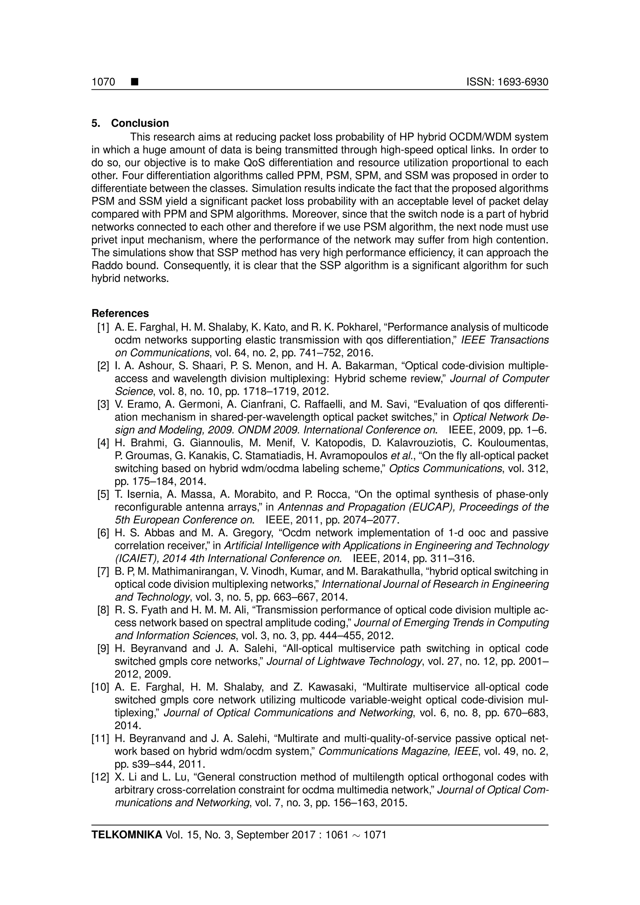 1070 ISSN: 1693-6930
5. Conclusion
This research aims at reducing packet loss probability of HP hybrid OCDM/WDM system
in which a huge amount of data is being transmitted through high-speed optical links. In order to
do so, our objective is to make QoS differentiation and resource utilization proportional to each
other. Four differentiation algorithms called PPM, PSM, SPM, and SSM was proposed in order to
differentiate between the classes. Simulation results indicate the fact that the proposed algorithms
PSM and SSM yield a signiﬁcant packet loss probability with an acceptable level of packet delay
compared with PPM and SPM algorithms. Moreover, since that the switch node is a part of hybrid
networks connected to each other and therefore if we use PSM algorithm, the next node must use
privet input mechanism, where the performance of the network may suffer from high contention.
The simulations show that SSP method has very high performance efﬁciency, it can approach the
Raddo bound. Consequently, it is clear that the SSP algorithm is a signiﬁcant algorithm for such
hybrid networks.
References
[1] A. E. Farghal, H. M. Shalaby, K. Kato, and R. K. Pokharel, “Performance analysis of multicode
ocdm networks supporting elastic transmission with qos differentiation,” IEEE Transactions
on Communications, vol. 64, no. 2, pp. 741–752, 2016.
[2] I. A. Ashour, S. Shaari, P. S. Menon, and H. A. Bakarman, “Optical code-division multiple-
access and wavelength division multiplexing: Hybrid scheme review,” Journal of Computer
Science, vol. 8, no. 10, pp. 1718–1719, 2012.
[3] V. Eramo, A. Germoni, A. Cianfrani, C. Raffaelli, and M. Savi, “Evaluation of qos differenti-
ation mechanism in shared-per-wavelength optical packet switches,” in Optical Network De-
sign and Modeling, 2009. ONDM 2009. International Conference on. IEEE, 2009, pp. 1–6.
[4] H. Brahmi, G. Giannoulis, M. Menif, V. Katopodis, D. Kalavrouziotis, C. Kouloumentas,
P. Groumas, G. Kanakis, C. Stamatiadis, H. Avramopoulos et al., “On the ﬂy all-optical packet
switching based on hybrid wdm/ocdma labeling scheme,” Optics Communications, vol. 312,
pp. 175–184, 2014.
[5] T. Isernia, A. Massa, A. Morabito, and P. Rocca, “On the optimal synthesis of phase-only
reconﬁgurable antenna arrays,” in Antennas and Propagation (EUCAP), Proceedings of the
5th European Conference on. IEEE, 2011, pp. 2074–2077.
[6] H. S. Abbas and M. A. Gregory, “Ocdm network implementation of 1-d ooc and passive
correlation receiver,” in Artiﬁcial Intelligence with Applications in Engineering and Technology
(ICAIET), 2014 4th International Conference on. IEEE, 2014, pp. 311–316.
[7] B. P, M. Mathimanirangan, V. Vinodh, Kumar, and M. Barakathulla, “hybrid optical switching in
optical code division multiplexing networks,” International Journal of Research in Engineering
and Technology, vol. 3, no. 5, pp. 663–667, 2014.
[8] R. S. Fyath and H. M. M. Ali, “Transmission performance of optical code division multiple ac-
cess network based on spectral amplitude coding,” Journal of Emerging Trends in Computing
and Information Sciences, vol. 3, no. 3, pp. 444–455, 2012.
[9] H. Beyranvand and J. A. Salehi, “All-optical multiservice path switching in optical code
switched gmpls core networks,” Journal of Lightwave Technology, vol. 27, no. 12, pp. 2001–
2012, 2009.
[10] A. E. Farghal, H. M. Shalaby, and Z. Kawasaki, “Multirate multiservice all-optical code
switched gmpls core network utilizing multicode variable-weight optical code-division mul-
tiplexing,” Journal of Optical Communications and Networking, vol. 6, no. 8, pp. 670–683,
2014.
[11] H. Beyranvand and J. A. Salehi, “Multirate and multi-quality-of-service passive optical net-
work based on hybrid wdm/ocdm system,” Communications Magazine, IEEE, vol. 49, no. 2,
pp. s39–s44, 2011.
[12] X. Li and L. Lu, “General construction method of multilength optical orthogonal codes with
arbitrary cross-correlation constraint for ocdma multimedia network,” Journal of Optical Com-
munications and Networking, vol. 7, no. 3, pp. 156–163, 2015.
TELKOMNIKA Vol. 15, No. 3, September 2017 : 1061 ∼ 1071
 