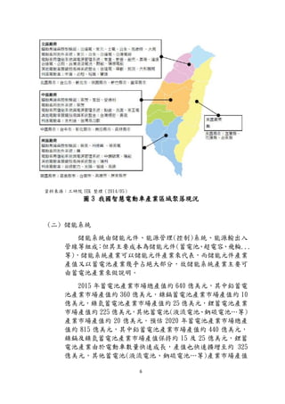 6
資料來源：工研院 IEK 整理（2014/05）
圖 3 我國智慧電動車產業區域聚落現況
(二) 儲能系統
儲能系統由儲能元件、能源管理(控制)系統、能源輸出入
管線等組成；但其主要成本為儲能元件(蓄電池、超電容、飛輪...
等)，儲能系統產業可以儲能元件產業來代表，而儲能元件產業
產值又以蓄電池產業幾乎占絕大部分，故儲能系統產業主要可
由蓄電池產業來做說明。
2015 年蓄電池產業市場總產值約 640 億美元，其中鉛蓄電
池產業市場產值約 360 億美元，鎳鎘蓄電池產業市場產值約 10
億美元，鎳氫蓄電池產業市場產值約 25 億美元，鋰蓄電池產業
市場產值約 225 億美元，其他蓄電池(液流電池、鈉硫電池…等)
產業市場產值約 20 億美元。預估 2020 年蓄電池產業市場總產
值約 815 億美元，其中鉛蓄電池產業市場產值約 440 億美元，
鎳鎘及鎳氫蓄電池產業市場產值保持約 15 及 25 億美元，鋰蓄
電池產業由於電動車數量快速成長，產值也快速擴增至約 325
億美元，其他蓄電池(液流電池、鈉硫電池…等)產業市場產值
 