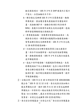 13
擬定稽查項目，105 年 1~4 月 GHP 稽查約 2 萬 4
千家次，品質抽驗約 9 千件。
b、聯合衛生局辦理 105 年 1~4 月農藥殘留、動物
用藥殘留、重金屬含量及真菌毒素含量監測計
畫，共抽驗 867 件，檢驗合格 815 件(合格率
94%)。查獲不合格案件由衛生局依法處辦，透過
跨部會協調機制進行源頭改善。
c、專案稽查抽驗：食藥署針對重點施政項目、高
風險食品項目、輿情關切議題等加強稽查抽驗，
督導並聯合衛生局辦理專案。105 年 1~4 月已執
行 18 項專案稽查抽驗。
d、行政院食品安全聯合稽查專案小組之稽查計
畫：結合中央相關部會、地方政府及檢警調能
量，推動重點稽查。105 年 1~4 月已執行液蛋及
夜市聯稽專案。
e、達成十倍市場查驗：依據風險管理概念，未來
持續透過由下而上查驗機制，包含三級品管跨部
會食品聯合稽查專案、中央稽查抽驗專案與年度
監測計畫、地方衛生機關例行稽查抽驗等，提升
市場查驗量能。
２、分廠分照：104 年 6 月 10 日部授食字第 1041301506
號公告「103 年 12 月 12 日前，食品或食品添加物工
廠未單獨設立者，應於 105 年 6 月 10 日前完成辦理
單獨設立，不得於同一廠址及廠房同時從事非食品之
製造、加工及調配。」截至目前須完成分廠分照共 356
家業者，目前已完成輔導 255 家業者(72%)。
３、食品安全保護基金：目前已訂定「食品安全保護基金
 