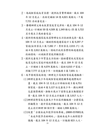 23
２、為減輕家庭托育負擔，提供托育費用補助，截至 104
年 12 月底止，共核定補助 14 億 4,021 萬餘元、7 萬
7,721 名幼童受益。
３、賡續辦理父母未就業家庭育兒津貼，截至 104 年 12
月底止，計補助 50 億 4,509 萬 1,349 餘元、25 萬 5,722
名 0 歲至 2 歲幼童受益。
４、提供特殊境遇家庭及弱勢婦女生活扶助與支持，截至
104 年 12 月底止，補助特殊境遇家庭計 1 萬 9,297 戶
家庭(女性家長 1 萬 7,282 戶、男性家長 2,015 戶)、扶
助 4 億 2,012 萬餘元；請地方政府落實特殊境遇家庭
扶助措施，以減輕其家庭照顧負擔。
５、提供兒童及少年緊急生活扶助，協助遭變故或家庭功
能需支持之家庭紓緩經濟壓力，截至 104 年 12 月底
止，計補助 1 億 4,074 萬餘元；協助 6,010 戶家庭、
照顧 7,777 名兒童少年、訪視服務 3 萬 7,691 次。
６、及早發現家庭困境，辦理兒少高風險家庭處遇服務：
(１)辦理兒童及少年高風險家庭關懷輔導處遇實施計
畫，截至 104 年 12 月底止計篩檢訪視 3 萬 6,751
個家庭、協助 4 萬 5,127 位兒童及少年。擴大辦理
兒虐預警機制，推動 6 歲以下弱勢兒童主動關懷方
案，截至 104 年 12 月底止計服務 1 萬 3,917 人次。
(２)辦理弱勢家庭兒童及少年社區照顧服務，分擔家庭
照顧壓力，提升家庭照顧功能，截至 104 年 12 月
底止共計辦理 58 個方案、補助 1,908 萬餘元。
(３)設置「全國未成年懷孕諮詢專線」(0800-257085)及
「未成年懷孕求助網站」，協助未成年人面對懷孕
議題，截至 104 年 12 月底止，計服務 823 人次，
 