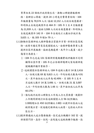 27
等單位及 22 個地方政府衛生局，推動心理健康服務網
絡，委辦安心專線，提供 24 小時免付費專業諮詢，104
年服務量為 70,574 人次，協助 12,152 人次的自殺意圖者，
即時阻止自殺危機案件共 464 件；105 年 1 至 4 月服務量
為 21,939 人次，協助 3,508 人次的自殺意圖者，即時阻止
自殺危機案件 142 件。104 年自殺死亡人數初步統計為
3,625 人，較 103 年增加 79 人。
(二)推動社區精神病人精神醫療品質提升方案，針對社區高風
險、病情不穩定等需高度關懷病人，由精神醫療專業人員
提供社區外展服務，協助危機處理，及早介入處置，減少
傷害行為發生。
１、104 年已完成 131 家精神照護機構實地評鑑與不定時
輔導訪查作業；105 年已公告精神護理之家及精神復
健機構評鑑作業程序。
２、追蹤關懷社區精神病人，104 年追蹤人數計 14 萬 2,416
人，訪視次數 69 萬 9,815 人次，平均訪視次數為 4.91
次，其中面訪病人比率為 42.49%。另 105 年 1 至 4
月追蹤人數計 14 萬 3,496 人，訪視次數 21 萬 3,007
人次，平均訪視次數為 1.48 次，其中面訪病人比率為
40.17%。
３、強化地方政府心理衛生工作及人力之質與量，規劃於
三年期間將現行社區追蹤關懷人力 96 位(照顧比
1:300)增加至 450 位(照顧比 1:80)，以提升社區病人追
蹤照護品質，促進穩定精神病人病情，支持病人於社
區生活。
(三)提供藥癮病人戒治醫療服務，指定戒治機構計 162 家，提
供個案門診、急診、住院、出院後之追蹤與轉介服務。指
 