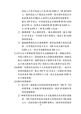 29
低收入戶及中低收入戶達 26 萬 4,065 戶、69 萬 8,675
人，提供低收入戶最低生活保障，每月發給家庭生活
扶助費及高中(職)以上就學生活扶助費等相關費用。
截至 104 年底止，計核發家庭生活補助費 60 億 5,252
萬 6,735 元、就學生活補助費 38 億 865 萬 4,610 元，
計 14 萬 6,379 戶、34 萬 2,490 人受益。
２、賡續辦理「馬上關懷專案」，擴大關懷弱勢，截至 104
年 12 月底止，計核發 2 億 3 萬餘元、協助 1 萬 4,192
個弱勢家庭。
３、積極辦理遊民生活重建輔導，提供就業轉介與居住協
助，以利遊民於社區中自立，104 年底止轉介就業
3,504 人次，結合資源輔導租屋 366 人次。
(三)活力志工榮耀臺灣-開創多元志願服務計畫：鼓勵企業培
訓員工擔任志工，協助提供老人照顧及關懷服務；推動高
齡志工服務方案，編製高齡志工服務方案手冊，促使未來
志工總人數每年成長 5％，高齡志工總人數每年成長 3％。
(四)推動「充實地方政府社工人力配置及進用計畫」，提升社
會福利服務品質，截至 104 年 12 月底止，已補助 22 個地
方政府進用 366 名約聘社工人員，並已完成納編 1,049 名
社工編制員額。
(五)強化保護服務：
１、建立單一通報窗口(113)及標準處理程序，104 年「113
保護專線」計接線 19 萬餘通電話，提供 14 萬餘件諮
詢及通報服務。
２、辦理家暴及性侵害被害人多元處遇模式及庇護安置服
務，104 年提供家庭暴力被害人保護扶助計 100 萬餘
人次，扶助金額 3 億 8,000 萬餘元；提供性侵害被害
 