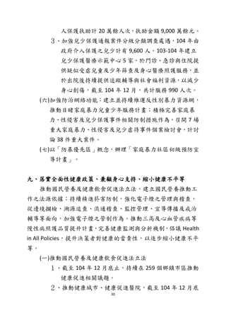 30
人保護扶助計 20 萬餘人次，扶助金額 9,000 萬餘元。
３、加強兒少保護通報案件分級分類調查處遇，104 年由
政府介入保護之兒少計有 9,600 人。103-104 年建立
兒少保護醫療示範中心 5 家，於門診、急診與住院提
供疑似受虐兒童及少年篩查及身心醫療照護服務，並
於出院後持續提供追蹤輔導與社會福利資源，以減少
身心創傷，截至 104 年 12 月，共計服務 990 人次。
(六)加強防治網絡功能：建立並持續維運反性別暴力資源網，
推動目睹家庭暴力兒童少年服務計畫；積極完善家庭暴
力、性侵害及兒少保護事件相關防制措施作為，召開 7 場
重大家庭暴力、性侵害及兒少虐待事件個案檢討會，計討
論 38 件重大案件。
(七)以「防暴優先區」概念，辦理「家庭暴力社區初級預防宣
導計畫」。
九、落實全面性健康政策、兼顧身心支持、縮小健康不平等
推動國民營養及健康飲食促進法立法，建立國民營養推動工
作之法源依據；持續精進菸害防制，強化電子煙之管理與稽查，
從邊境攔檢、溯源追查、流通稽查、監控管理、宣導傳播及戒治
輔導等面向，加強電子煙之管制作為。推動三高及心血管疾病等
慢性病照護品質提升計畫，完善健康監測與分析機制，倡議 Health
in All Policies，提升決策者對健康的當責性，以逐步縮小健康不平
等。
(一)推動國民營養及健康飲食促進法立法
１、截至 104 年 12 月底止，持續在 259 個鄉鎮市區推動
健康促進相關議題。
２、推動健康城市、健康促進醫院，截至 104 年 12 月底
 