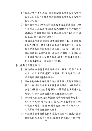 33
１、截至 105 年 3 月底止，全國依法設置哺集乳室之場所
共有 2,131 處，各地方政府自願設置哺集乳室之場所
共有 795 處。
２、提供懷孕婦女 10 次產前檢查及 1 次超音波檢查，104
年 1 月至 7 月服務約 118.1 萬人次(103 年平均利用率
94.3%)；全面補助孕婦乙型鏈球菌篩檢，104 年計 18
萬 1,579 案，篩檢率 85%。
３、補助高風險群孕婦產前遺傳診斷費用，104 年計補助
5 萬 7,471 案，其中 34 歲以上計 4 萬 8,547 案。補助
新生兒先天性代謝異常疾病篩檢共 11 項， 104 年計
補助篩檢 21 萬 2,717 案，篩檢率達 99%。全面補助出
生 3 個月內之新生兒聽力篩檢，截至 105 年 4 月底止，
計 6 萬 1,488 人，篩檢率達 96.3%。
(七)推動老人健康促進：
１、推動高齡友善健康照護機構認證，截至 105 年 5 月 5
日止，計 211 家機構(153 家醫院、25 家衛生所、33
家長期照護機構)通過認證。
２、100 年起發動醫療院所及衛生所資源，支援社區關懷
據點，辦理社區長者 8 大健康促進議題，104 年已結
合有 1921 個，結合率達 96%。105 年截至 3 月底，已
結合 280 個社區關懷據點辦理健康促進活動。
３、辦理老人健康促進活動(全國阿公阿嬤健康動起來)，
104 年計 2,484 隊，超過 10 萬 4,000 名長者參與。105
年截至 3 月底，全國 22 縣市已組 201 隊，約 7,804
名長輩組隊參與健康促進競賽。
４、參照世界衛生組織高齡友善城市指引，引領地方政府
推動高齡友善城市。全國 22 縣市皆已加入，使台灣
 