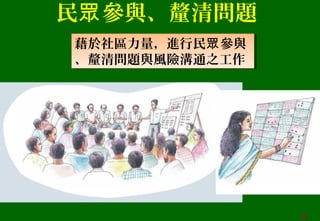 民 參與、釐清問題眾
藉於社區力量，進行民 參與眾
、釐清問題與風險溝通之工作
藉於社區力量，進行民 參與眾
、釐清問題與風險溝通之工作
35
 