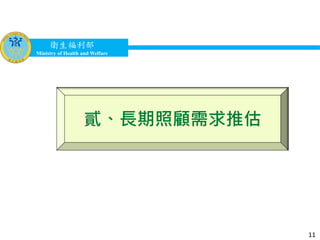 衛生福利部
Ministry of Health and Welfare
衛生福利部
Ministry of Health and Welfare
貳、長期照顧需求推估
11
 