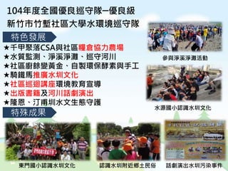 水源國小認識水圳文化
認識水圳附近鄉土民俗東門國小認識水圳文化
參與淨溪淨灘活動
話劇演出水圳污染事件
104年度全國優良巡守隊─優良級
新竹市竹塹社區大學水環境巡守隊
特殊成果
特色發展
千甲聚落CSA與社區糧倉協力農場
水質監測、淨溪淨灘、巡守河川
社區廚餘變黃金、自製環保酵素與手工
騎鐵馬推廣水圳文化
社區巡迴講座環境教育宣導
出版書籍及河川話劇演出
隆恩、汀甫圳水文生態守護
 