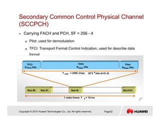 Secondary Common Control Physical Channel
(SCCPCH)(SCCPCH)
Carrying FACH and PCH, SF = 256 - 4
Pilot: used for demodulation
TFCI: Transport Format Control Indication, used for describe data
f tformat
Data
N bitsData
Pilot
N bitsPilotN bits
TFCI
TFCI
T slot = 2560 chips, 20*2 k
bits (k=0..6)
Slot #0 Slot #1 Slot #i Slot #14
1 radio frame: T f = 10 ms
Copyright © 2010 Huawei Technologies Co., Ltd. All rights reserved. Page32
 