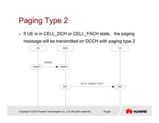 Paging Type 2Paging Type 2
If UE is in CELL_DCH or CELL_FACH state，the paging
message will be transmitted on DCCH with paging type 2
CN SRNC UE
RANAPRANAP
PAGING
DCCH: PAGING TYPE 2
RRCRRC
Copyright © 2010 Huawei Technologies Co., Ltd. All rights reserved. Page9
 