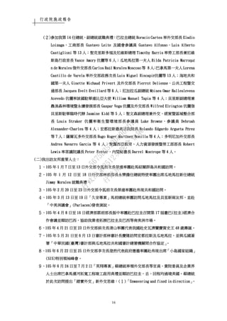行政院施政報告
16
((((２２２２))))參參參參加我第加我第加我第加我第 14141414 任總統任總統任總統任總統、、、、副總統就職典禮副總統就職典禮副總統就職典禮副總統就職典禮：：：：巴拉圭總統巴拉圭總統巴拉圭總統巴拉圭總統 Horacio CartesHoracio CartesHoracio CartesHoracio Cartes 率外交部長率外交部長率外交部長率外交部長 EladioEladioEladioEladio
LoizagaLoizagaLoizagaLoizaga、、、、工商部長工商部長工商部長工商部長 Gustavo LeiteGustavo LeiteGustavo LeiteGustavo Leite 及國會參議員及國會參議員及國會參議員及國會參議員 Gustavo AlfonsoGustavo AlfonsoGustavo AlfonsoGustavo Alfonso、、、、Luis AlbertoLuis AlbertoLuis AlbertoLuis Alberto
CastiglioniCastiglioniCastiglioniCastiglioni 等等等等 13131313 人人人人；；；；聖克里斯多福及尼維斯總理聖克里斯多福及尼維斯總理聖克里斯多福及尼維斯總理聖克里斯多福及尼維斯總理 Timothy HarrisTimothy HarrisTimothy HarrisTimothy Harris 率勞工部長兼尼維率勞工部長兼尼維率勞工部長兼尼維率勞工部長兼尼維
斯島行政首長斯島行政首長斯島行政首長斯島行政首長 Vance AmoryVance AmoryVance AmoryVance Amory 伉儷等伉儷等伉儷等伉儷等 6666 人人人人；；；；瓜地馬拉第一夫人瓜地馬拉第一夫人瓜地馬拉第一夫人瓜地馬拉第一夫人 Hilda Patricia MarroquHilda Patricia MarroquHilda Patricia MarroquHilda Patricia Marroquíííí
n de Moralesn de Moralesn de Moralesn de Morales 偕外交部長偕外交部長偕外交部長偕外交部長 Carlos RaCarlos RaCarlos RaCarlos Raúúúúl Morales Moscosol Morales Moscosol Morales Moscosol Morales Moscoso 等等等等 8888 人人人人；；；；巴拿馬第一夫人巴拿馬第一夫人巴拿馬第一夫人巴拿馬第一夫人 LorenaLorenaLorenaLorena
Castillo de VarelaCastillo de VarelaCastillo de VarelaCastillo de Varela 率外交部政務次長率外交部政務次長率外交部政務次長率外交部政務次長 Luis Miguel HincapiLuis Miguel HincapiLuis Miguel HincapiLuis Miguel Hincapiéééé伉儷等伉儷等伉儷等伉儷等 13131313 人人人人；；；；海地共和海地共和海地共和海地共和
國第一夫人國第一夫人國第一夫人國第一夫人 Ginette Michaud PrivertGinette Michaud PrivertGinette Michaud PrivertGinette Michaud Privert 及外交部長及外交部長及外交部長及外交部長 Pierrot DeliennePierrot DeliennePierrot DeliennePierrot Delienne、、、、公共工程暨交公共工程暨交公共工程暨交公共工程暨交
通部長通部長通部長通部長 Jacques Evelt EveillardJacques Evelt EveillardJacques Evelt EveillardJacques Evelt Eveillard 等等等等 6666 人人人人；；；；尼加拉瓜副總統尼加拉瓜副總統尼加拉瓜副總統尼加拉瓜副總統 MMMMóóóóises Omar Halleslevensises Omar Halleslevensises Omar Halleslevensises Omar Halleslevens
AcevedoAcevedoAcevedoAcevedo 伉儷率該國駐華達比亞大使伉儷率該國駐華達比亞大使伉儷率該國駐華達比亞大使伉儷率該國駐華達比亞大使 William Manuel TapiaWilliam Manuel TapiaWilliam Manuel TapiaWilliam Manuel Tapia 等等等等 4444 人人人人；；；；貝里斯副總理兼貝里斯副總理兼貝里斯副總理兼貝里斯副總理兼
農漁森林環境暨永續發展部農漁森林環境暨永續發展部農漁森林環境暨永續發展部農漁森林環境暨永續發展部長長長長 Gaspar VegaGaspar VegaGaspar VegaGaspar Vega 伉儷及外交部長伉儷及外交部長伉儷及外交部長伉儷及外交部長 Wilfred ElringtonWilfred ElringtonWilfred ElringtonWilfred Elrington 伉儷偕伉儷偕伉儷偕伉儷偕
貝里斯駐華臨時代辦貝里斯駐華臨時代辦貝里斯駐華臨時代辦貝里斯駐華臨時代辦 Jasmine KiddJasmine KiddJasmine KiddJasmine Kidd 等等等等 5555 人人人人；；；；聖文森副總理兼外交聖文森副總理兼外交聖文森副總理兼外交聖文森副總理兼外交、、、、經貿暨區域整合部經貿暨區域整合部經貿暨區域整合部經貿暨區域整合部
長長長長 Louis StrakerLouis StrakerLouis StrakerLouis Straker 伉儷率衛生暨環境部長參議員伉儷率衛生暨環境部長參議員伉儷率衛生暨環境部長參議員伉儷率衛生暨環境部長參議員 Luke BrowneLuke BrowneLuke BrowneLuke Browne、、、、參議員參議員參議員參議員 DebroahDebroahDebroahDebroah
AlexanderAlexanderAlexanderAlexander----CharlesCharlesCharlesCharles 等等等等 4444 人人人人；；；；宏都拉斯最高法院院長宏都拉斯最高法院院長宏都拉斯最高法院院長宏都拉斯最高法院院長 Rolando Edgardo Argueta PRolando Edgardo Argueta PRolando Edgardo Argueta PRolando Edgardo Argueta Péééérezrezrezrez
等等等等 7777 人人人人；；；；薩爾瓦多外交部長薩爾瓦多外交部長薩爾瓦多外交部長薩爾瓦多外交部長 Hugo Roger MartHugo Roger MartHugo Roger MartHugo Roger Martíííínez Bonillanez Bonillanez Bonillanez Bonilla 等等等等 4444 人人人人；；；；多明尼加外交部長多明尼加外交部長多明尼加外交部長多明尼加外交部長
Andres NavarrAndres NavarrAndres NavarrAndres Navarro Garciao Garciao Garciao Garcia 等等等等 4444 人人人人；；；；聖露西亞教育聖露西亞教育聖露西亞教育聖露西亞教育、、、、人力資源發展暨勞工部部長人力資源發展暨勞工部部長人力資源發展暨勞工部部長人力資源發展暨勞工部部長 RobertRobertRobertRobert
LewisLewisLewisLewis 率眾議院議長率眾議院議長率眾議院議長率眾議院議長 Peter FosterPeter FosterPeter FosterPeter Foster、、、、內閣秘書長內閣秘書長內閣秘書長內閣秘書長 Darrel MontropeDarrel MontropeDarrel MontropeDarrel Montrope 等等等等 4444 人人人人。。。。
((((二二二二))))我出訪友邦重要人士我出訪友邦重要人士我出訪友邦重要人士我出訪友邦重要人士：：：：
１１１１、、、、105105105105 年年年年 1111 月月月月 7777 日至日至日至日至 13131313 日外交部令狐前次長榮達率團赴馬紹爾群島共和國訪問日外交部令狐前次長榮達率團赴馬紹爾群島共和國訪問日外交部令狐前次長榮達率團赴馬紹爾群島共和國訪問日外交部令狐前次長榮達率團赴馬紹爾群島共和國訪問。。。。
２２２２、、、、105105105105 年年年年 1111 月月月月 12121212 日至日至日至日至 18181818 日外交部林前部長永樂擔任總統特使率團出席瓜地馬拉新任總統日外交部林前部長永樂擔任總統特使率團出席瓜地馬拉新任總統日外交部林前部長永樂擔任總統特使率團出席瓜地馬拉新任總統日外交部林前部長永樂擔任總統特使率團出席瓜地馬拉新任總統
Jimmy MoralesJimmy MoralesJimmy MoralesJimmy Morales 就職典禮就職典禮就職典禮就職典禮。。。。
３３３３、、、、105105105105 年年年年 2222 月月月月 20202020 日至日至日至日至 23232323 日外交部令狐前次長榮達率團赴帛琉共和國訪問日外交部令狐前次長榮達率團赴帛琉共和國訪問日外交部令狐前次長榮達率團赴帛琉共和國訪問日外交部令狐前次長榮達率團赴帛琉共和國訪問。。。。
４４４４、、、、105105105105 年年年年 3333 月月月月 13131313 日至日至日至日至 19191919 日日日日「「「「久安久安久安久安專案專案專案專案」」」」馬前總統率團訪問瓜地馬拉及貝里斯兩友邦馬前總統率團訪問瓜地馬拉及貝里斯兩友邦馬前總統率團訪問瓜地馬拉及貝里斯兩友邦馬前總統率團訪問瓜地馬拉及貝里斯兩友邦，，，，並赴並赴並赴並赴
「「「「中美洲議會中美洲議會中美洲議會中美洲議會」」」」(Parlacen)(Parlacen)(Parlacen)(Parlacen)發表演說發表演說發表演說發表演說。。。。
５５５５、、、、105105105105 年年年年 4444 月月月月 8888 日至日至日至日至 16161616 日經濟部鄧前部長振中率團赴巴拉圭召開第日經濟部鄧前部長振中率團赴巴拉圭召開第日經濟部鄧前部長振中率團赴巴拉圭召開第日經濟部鄧前部長振中率團赴巴拉圭召開第 17171717 屆臺巴屆臺巴屆臺巴屆臺巴((((拉圭拉圭拉圭拉圭))))經濟合經濟合經濟合經濟合
作會議並順訪巴西作會議並順訪巴西作會議並順訪巴西作會議並順訪巴西，，，，協助我業者拓展巴拉圭及巴西等南美洲市場協助我業者拓展巴拉圭及巴西等南美洲市場協助我業者拓展巴拉圭及巴西等南美洲市場協助我業者拓展巴拉圭及巴西等南美洲市場。。。。
６６６６、、、、105105105105 年年年年 4444 月月月月 21212121 日至日至日至日至 23232323 日外交部侯次長清山率團代表我國赴史瓦濟蘭慶賀史王日外交部侯次長清山率團代表我國赴史瓦濟蘭慶賀史王日外交部侯次長清山率團代表我國赴史瓦濟蘭慶賀史王日外交部侯次長清山率團代表我國赴史瓦濟蘭慶賀史王 48484848 歲壽誕歲壽誕歲壽誕歲壽誕。。。。
７７７７、、、、105105105105 年年年年 5555 月月月月 31313131 日至日至日至日至 6666 月月月月 13131313 日審計部林審計長慶隆訪問宏都拉斯及瓜地馬拉日審計部林審計長慶隆訪問宏都拉斯及瓜地馬拉日審計部林審計長慶隆訪問宏都拉斯及瓜地馬拉日審計部林審計長慶隆訪問宏都拉斯及瓜地馬拉，，，，並與瓜國簽並與瓜國簽並與瓜國簽並與瓜國簽
署署署署「「「「中華民國中華民國中華民國中華民國((((臺灣臺灣臺灣臺灣))))審計部與瓜地馬拉共和國審計總署機關間合作協定審計部與瓜地馬拉共和國審計總署機關間合作協定審計部與瓜地馬拉共和國審計總署機關間合作協定審計部與瓜地馬拉共和國審計總署機關間合作協定」。」。」。」。
８８８８、、、、105105105105 年年年年 6666 月月月月 22222222 日日日日至至至至 25252525 日外交部李次長澄然代表政府應邀率團赴帛琉出席日外交部李次長澄然代表政府應邀率團赴帛琉出席日外交部李次長澄然代表政府應邀率團赴帛琉出席日外交部李次長澄然代表政府應邀率團赴帛琉出席「「「「小島國家組織小島國家組織小島國家組織小島國家組織」」」」
(SIS)(SIS)(SIS)(SIS)特別領袖峰會特別領袖峰會特別領袖峰會特別領袖峰會。。。。
９９９９、、、、105105105105 年年年年 6666 月月月月 24242424 日至日至日至日至 7777 月月月月 2222 日日日日「「「「英翔專案英翔專案英翔專案英翔專案」」」」蔡總統率領外交部長等官員蔡總統率領外交部長等官員蔡總統率領外交部長等官員蔡總統率領外交部長等官員、、、、貴院委員及企業界貴院委員及企業界貴院委員及企業界貴院委員及企業界
人士出席巴拿馬運河拓寬工程竣工啟用典禮並順訪巴拉圭人士出席巴拿馬運河拓寬工程竣工啟用典禮並順訪巴拉圭人士出席巴拿馬運河拓寬工程竣工啟用典禮並順訪巴拉圭人士出席巴拿馬運河拓寬工程竣工啟用典禮並順訪巴拉圭，，，，去去去去、、、、回回回回程均過境美國程均過境美國程均過境美國程均過境美國。。。。蔡總統蔡總統蔡總統蔡總統
於此次訪問提出於此次訪問提出於此次訪問提出於此次訪問提出「「「「踏實外交踏實外交踏實外交踏實外交」」」」新外交思維新外交思維新外交思維新外交思維：：：：((((１１１１))))「「「「Unwavering and fixed in directionUnwavering and fixed in directionUnwavering and fixed in directionUnwavering and fixed in direction」，」，」，」，
行
政
院
行
政
院
第
3512次
院
會
會
議
5675B3513DD000D7
 