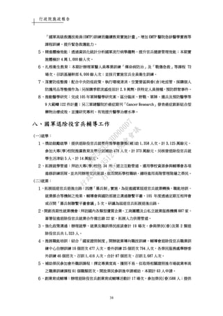 行政院施政報告
38
「「「「國軍高級救護技術員國軍高級救護技術員國軍高級救護技術員國軍高級救護技術員(EMTP)(EMTP)(EMTP)(EMTP)訓練班繼續教育實施計畫訓練班繼續教育實施計畫訓練班繼續教育實施計畫訓練班繼續教育實施計畫」，」，」，」，增加增加增加增加 EMTPEMTPEMTPEMTP 醫院急診醫學實務等醫院急診醫學實務等醫院急診醫學實務等醫院急診醫學實務等
課程訓練課程訓練課程訓練課程訓練，，，，提升緊急救護能力提升緊急救護能力提升緊急救護能力提升緊急救護能力。。。。
５５５５、、、、精進體檢效能精進體檢效能精進體檢效能精進體檢效能：：：：透過資訊化統計分析國軍流行病學趨勢透過資訊化統計分析國軍流行病學趨勢透過資訊化統計分析國軍流行病學趨勢透過資訊化統計分析國軍流行病學趨勢，，，，提升官兵健康管理效能提升官兵健康管理效能提升官兵健康管理效能提升官兵健康管理效能；；；；本期實本期實本期實本期實
施體檢計施體檢計施體檢計施體檢計 4444 萬萬萬萬 1,0001,0001,0001,000 餘人次餘人次餘人次餘人次。。。。
６６６６、、、、扎根衛生教育扎根衛生教育扎根衛生教育扎根衛生教育：：：：本期計辦理軍醫人員專業訓練本期計辦理軍醫人員專業訓練本期計辦理軍醫人員專業訓練本期計辦理軍醫人員專業訓練「「「「傳染病防治傳染病防治傳染病防治傳染病防治」」」」及及及及「「「「戰傷急救戰傷急救戰傷急救戰傷急救」」」」等課程等課程等課程等課程 72727272
場次場次場次場次，，，，召訓基層幹部召訓基層幹部召訓基層幹部召訓基層幹部 6,0006,0006,0006,000 餘人次餘人次餘人次餘人次；；；；並按月實施官兵全員衛生訓練並按月實施官兵全員衛生訓練並按月實施官兵全員衛生訓練並按月實施官兵全員衛生訓練。。。。
７７７７、、、、落實防疫整備落實防疫整備落實防疫整備落實防疫整備：：：：配合中央防疫政策配合中央防疫政策配合中央防疫政策配合中央防疫政策，，，，執行環境清消執行環境清消執行環境清消執行環境清消、、、、空置營區與眷空置營區與眷空置營區與眷空置營區與眷((((舍舍舍舍))))地巡管地巡管地巡管地巡管、、、、採購個人採購個人採購個人採購個人
防護用品等整備作為防護用品等整備作為防護用品等整備作為防護用品等整備作為；；；；另採購季節流感疫苗計另採購季節流感疫苗計另採購季節流感疫苗計另採購季節流感疫苗計 2.92.92.92.9 萬劑萬劑萬劑萬劑，，，，供特定人員接種供特定人員接種供特定人員接種供特定人員接種，，，，預防群聚事件預防群聚事件預防群聚事件預防群聚事件。。。。
８８８８、、、、推動醫學研究推動醫學研究推動醫學研究推動醫學研究：：：：完成完成完成完成 105105105105 年軍陣醫學研究案年軍陣醫學研究案年軍陣醫學研究案年軍陣醫學研究案，，，，區分臨床區分臨床區分臨床區分臨床、、、、野戰野戰野戰野戰、、、、軍陣軍陣軍陣軍陣、、、、選兵及預防醫學等選兵及預防醫學等選兵及預防醫學等選兵及預防醫學等
9999 大範疇大範疇大範疇大範疇 122122122122 件計畫件計畫件計畫件計畫；；；；另三軍總醫院於癌症期刊另三軍總醫院於癌症期刊另三軍總醫院於癌症期刊另三軍總醫院於癌症期刊「「「「Cancer ResearchCancer ResearchCancer ResearchCancer Research」」」」發表癌症創新組發表癌症創新組發表癌症創新組發表癌症創新組合型合型合型合型
藥物治療成效藥物治療成效藥物治療成效藥物治療成效，，，，並獲研究專利並獲研究專利並獲研究專利並獲研究專利，，，，有效提升醫學治療水準有效提升醫學治療水準有效提升醫學治療水準有效提升醫學治療水準。。。。
八八八八、、、、國軍退除役官兵輔導工作國軍退除役官兵輔導工作國軍退除役官兵輔導工作國軍退除役官兵輔導工作
((((一一一一))))就學就學就學就學：：：：
１１１１、、、、獎助鼓勵就學獎助鼓勵就學獎助鼓勵就學獎助鼓勵就學：：：：提供退除役官兵就學所需學雜費獎提供退除役官兵就學所需學雜費獎提供退除役官兵就學所需學雜費獎提供退除役官兵就學所需學雜費獎((((補補補補))))助助助助 1,3581,3581,3581,358 人次人次人次人次，，，，計計計計 3,1253,1253,1253,125 萬餘元萬餘元萬餘元萬餘元，，，，
參加大專參加大專參加大專參加大專((((學學學學))))校院推廣教育及學分班補助校院推廣教育及學分班補助校院推廣教育及學分班補助校院推廣教育及學分班補助 478478478478 人次人次人次人次，，，，計計計計 373373373373 萬餘元萬餘元萬餘元萬餘元。。。。另核發退除役官兵就另核發退除役官兵就另核發退除役官兵就另核發退除役官兵就
學生活津貼學生活津貼學生活津貼學生活津貼 5555 人人人人，，，，計計計計 14141414 萬餘元萬餘元萬餘元萬餘元。。。。
２２２２、、、、拓展就學管道拓展就學管道拓展就學管道拓展就學管道：：：：拜訪大專拜訪大專拜訪大專拜訪大專((((學學學學))))校院校院校院校院 34343434 所所所所，，，，建立互動管道建立互動管道建立互動管道建立互動管道，，，，運用學校資源參與輔導會各項運用學校資源參與輔導會各項運用學校資源參與輔導會各項運用學校資源參與輔導會各項
進修訓練班隊進修訓練班隊進修訓練班隊進修訓練班隊，，，，並共同辦理交流座談並共同辦理交流座談並共同辦理交流座談並共同辦理交流座談，，，，進而開拓學校職缺進而開拓學校職缺進而開拓學校職缺進而開拓學校職缺，，，，適時進用高階管理階層之榮民適時進用高階管理階層之榮民適時進用高階管理階層之榮民適時進用高階管理階層之榮民。。。。
((((二二二二))))就業就業就業就業：：：：
１１１１、、、、拓展屆退官兵退後出路拓展屆退官兵退後出路拓展屆退官兵退後出路拓展屆退官兵退後出路：：：：因應因應因應因應「「「「募兵制募兵制募兵制募兵制」」」」實施實施實施實施，，，，為促進國軍屆退官兵就業轉換為促進國軍屆退官兵就業轉換為促進國軍屆退官兵就業轉換為促進國軍屆退官兵就業轉換、、、、職能培訓職能培訓職能培訓職能培訓、、、、
就業媒合等機制之效果就業媒合等機制之效果就業媒合等機制之效果就業媒合等機制之效果，，，，輔導會與國防部建立溝通聯繫平臺輔導會與國防部建立溝通聯繫平臺輔導會與國防部建立溝通聯繫平臺輔導會與國防部建立溝通聯繫平臺，，，，105105105105 年度透過定期互相拜會年度透過定期互相拜會年度透過定期互相拜會年度透過定期互相拜會
或召開或召開或召開或召開「「「「募兵制聯繫平臺會議募兵制聯繫平臺會議募兵制聯繫平臺會議募兵制聯繫平臺會議」」」」5555 次次次次，，，，研議為屆退官兵拓展退後出路研議為屆退官兵拓展退後出路研議為屆退官兵拓展退後出路研議為屆退官兵拓展退後出路。。。。
２２２２、、、、開創長期性就業機會開創長期性就業機會開創長期性就業機會開創長期性就業機會：：：：拜訪國內各類型優質企業拜訪國內各類型優質企業拜訪國內各類型優質企業拜訪國內各類型優質企業、、、、工商團體及公私立就業服務機構工商團體及公私立就業服務機構工商團體及公私立就業服務機構工商團體及公私立就業服務機構 887887887887 家家家家，，，，
簽署促進退除役官兵就業合作備忘錄簽署促進退除役官兵就業合作備忘錄簽署促進退除役官兵就業合作備忘錄簽署促進退除役官兵就業合作備忘錄 22222222 家家家家，，，，拓展人力供需管道拓展人力供需管道拓展人力供需管道拓展人力供需管道。。。。
３３３３、、、、強化政策溝通強化政策溝通強化政策溝通強化政策溝通：：：：辦理就學辦理就學辦理就學辦理就學、、、、就業及職訓榮民座談會計就業及職訓榮民座談會計就業及職訓榮民座談會計就業及職訓榮民座談會計 19191919 場次場次場次場次，，，，參與榮民參與榮民參與榮民參與榮民((((眷眷眷眷))))及第及第及第及第 2222 類退類退類退類退
除役官兵共除役官兵共除役官兵共除役官兵共 1,3231,3231,3231,323 人人人人。。。。
４４４４、、、、推展職能培訓推展職能培訓推展職能培訓推展職能培訓：：：：結合結合結合結合「「「「國家證照制度國家證照制度國家證照制度國家證照制度」」」」開辦就業導向職技開辦就業導向職技開辦就業導向職技開辦就業導向職技訓練訓練訓練訓練，，，，輔導會退除役官兵職業訓輔導會退除役官兵職業訓輔導會退除役官兵職業訓輔導會退除役官兵職業訓
練中心練中心練中心練中心自辦訓練自辦訓練自辦訓練自辦訓練 16161616 個班次個班次個班次個班次 477477477477 人次人次人次人次，，，，委外訓練委外訓練委外訓練委外訓練 25252525 個班次個班次個班次個班次 794794794794 人次人次人次人次，，，，各榮民服務處舉辦委各榮民服務處舉辦委各榮民服務處舉辦委各榮民服務處舉辦委
外訓練外訓練外訓練外訓練 46464646 個班次個班次個班次個班次、、、、召訓召訓召訓召訓 1,4161,4161,4161,416 人次人次人次人次，，，，合計合計合計合計 87878787 個班次個班次個班次個班次、、、、召訓召訓召訓召訓 2,6872,6872,6872,687 人次人次人次人次。。。。
５５５５、、、、補助榮民參加會外職訓課程補助榮民參加會外職訓課程補助榮民參加會外職訓課程補助榮民參加會外職訓課程：：：：擇定專業度高擇定專業度高擇定專業度高擇定專業度高、、、、獲照不易獲照不易獲照不易獲照不易，，，，但取得相關證照後市場就業率高但取得相關證照後市場就業率高但取得相關證照後市場就業率高但取得相關證照後市場就業率高
之職業訓練課程之職業訓練課程之職業訓練課程之職業訓練課程 61616161 個職類班次個職類班次個職類班次個職類班次，，，，開放榮民參訓後申請補助開放榮民參訓後申請補助開放榮民參訓後申請補助開放榮民參訓後申請補助，，，，本期計本期計本期計本期計 63636363 人申請人申請人申請人申請。。。。
６６６６、、、、創業育成輔導創業育成輔導創業育成輔導創業育成輔導：：：：辦理退除役官兵創業育成輔導活動計辦理退除役官兵創業育成輔導活動計辦理退除役官兵創業育成輔導活動計辦理退除役官兵創業育成輔導活動計 17171717 場次場次場次場次，，，，參加榮民參加榮民參加榮民參加榮民((((眷眷眷眷)588)588)588)588 人人人人；；；；提供提供提供提供
行
政
院
行
政
院
第
3512次
院
會
會
議
5675B3513DD000D7
 