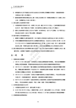 行政院施政報告
46
６６６６、、、、辦理國有非公用不動產改良利用辦理國有非公用不動產改良利用辦理國有非公用不動產改良利用辦理國有非公用不動產改良利用((((包括結合目的事業主管機關共同開發包括結合目的事業主管機關共同開發包括結合目的事業主管機關共同開發包括結合目的事業主管機關共同開發))))，，，，推動產業發展推動產業發展推動產業發展推動產業發展，，，，
本期收益本期收益本期收益本期收益 2222 億億億億 3,3543,3543,3543,354 萬餘元萬餘元萬餘元萬餘元。。。。
７７７７、、、、篩選亮點標的辦理招標設定地上權篩選亮點標的辦理招標設定地上權篩選亮點標的辦理招標設定地上權篩選亮點標的辦理招標設定地上權，，，，本期公告招標本期公告招標本期公告招標本期公告招標 23232323 宗宗宗宗，，，，開標結果標脫開標結果標脫開標結果標脫開標結果標脫 6666 宗宗宗宗，，，，面積面積面積面積 2.29542.29542.29542.2954
公頃公頃公頃公頃，，，，決標權利金決標權利金決標權利金決標權利金 15151515 億億億億 3,0903,0903,0903,090 萬元萬元萬元萬元。。。。
((((三三三三))))強化國有土地參與都市更新強化國有土地參與都市更新強化國有土地參與都市更新強化國有土地參與都市更新：：：：
１１１１、、、、本期參與都市更新案本期參與都市更新案本期參與都市更新案本期參與都市更新案 18181818 件件件件，，，，面積面積面積面積 2.362.362.362.36 公頃公頃公頃公頃。。。。截至截至截至截至 105105105105 年年年年 6666 月底止月底止月底止月底止，，，，已參與選配更新後房已參與選配更新後房已參與選配更新後房已參與選配更新後房
地地地地 95959595 件件件件，，，，預計可領取預計可領取預計可領取預計可領取 821821821821 戶建物戶建物戶建物戶建物、、、、943943943943 個停車位及權利金個停車位及權利金個停車位及權利金個停車位及權利金 10101010 億億億億 4,0714,0714,0714,071 萬餘元萬餘元萬餘元萬餘元。。。。
２２２２、、、、國有土地參與都市更新已分回國有土地參與都市更新已分回國有土地參與都市更新已分回國有土地參與都市更新已分回 44444444 戶建物戶建物戶建物戶建物、、、、43434343 席停車位席停車位席停車位席停車位，，，，其中其中其中其中 2222 戶已標脫戶已標脫戶已標脫戶已標脫，，，，10101010 戶將作為公戶將作為公戶將作為公戶將作為公
營出租住宅使用營出租住宅使用營出租住宅使用營出租住宅使用；；；；餘餘餘餘 32323232 戶將以標售戶將以標售戶將以標售戶將以標售、、、、標租處理標租處理標租處理標租處理。。。。
((((四四四四))))提升國有公用財產運用效益提升國有公用財產運用效益提升國有公用財產運用效益提升國有公用財產運用效益：：：：
１１１１、、、、輔導中央機關活化運用資產空間輔導中央機關活化運用資產空間輔導中央機關活化運用資產空間輔導中央機關活化運用資產空間，，，，104104104104 年國有公用財產活化運用收益年國有公用財產活化運用收益年國有公用財產活化運用收益年國有公用財產活化運用收益 415415415415 億億億億 8,2498,2498,2498,249 萬元萬元萬元萬元。。。。
２２２２、、、、列管各機關經管閒置或低度利用大面積國有建築用地列管各機關經管閒置或低度利用大面積國有建築用地列管各機關經管閒置或低度利用大面積國有建築用地列管各機關經管閒置或低度利用大面積國有建築用地，，，，完成活化方式評估完成活化方式評估完成活化方式評估完成活化方式評估 434434434434 筆筆筆筆，，，，自自自自 103103103103
年年年年 3333 月至月至月至月至 105105105105 年年年年 6666 月會勘評估國有建築用地共月會勘評估國有建築用地共月會勘評估國有建築用地共月會勘評估國有建築用地共 100100100100 處處處處，，，，已收回已收回已收回已收回 14141414 處處處處，，，，其中其中其中其中 1111 處完成招標處完成招標處完成招標處完成招標
設定地上權設定地上權設定地上權設定地上權，，，，年權利金達年權利金達年權利金達年權利金達 6666 億億億億 8,8898,8898,8898,889 萬元萬元萬元萬元，，，，其他各處持續積極以非公用財產活化利用其他各處持續積極以非公用財產活化利用其他各處持續積極以非公用財產活化利用其他各處持續積極以非公用財產活化利用。。。。
((((五五五五))))配合國家政策及地方政府興辦社會住宅需求配合國家政策及地方政府興辦社會住宅需求配合國家政策及地方政府興辦社會住宅需求配合國家政策及地方政府興辦社會住宅需求，，，，100100100100 年起已協助完成撥用年起已協助完成撥用年起已協助完成撥用年起已協助完成撥用 15151515 處國有土地及處國有土地及處國有土地及處國有土地及 1111 處處處處
國有房地國有房地國有房地國有房地，，，，並篩選並篩選並篩選並篩選 57575757 處國有土地及房地提供地方政府評估興辦社會住宅處國有土地及房地提供地方政府評估興辦社會住宅處國有土地及房地提供地方政府評估興辦社會住宅處國有土地及房地提供地方政府評估興辦社會住宅。。。。
五五五五、、、、促促促促 參參參參
((((一一一一))))推動促參法規鬆綁推動促參法規鬆綁推動促參法規鬆綁推動促參法規鬆綁：：：：
１１１１、、、、105105105105 年年年年 1111 月月月月 22222222 日修正發布日修正發布日修正發布日修正發布「「「「民間參與公共建設金擘獎頒發作業要點民間參與公共建設金擘獎頒發作業要點民間參與公共建設金擘獎頒發作業要點民間參與公共建設金擘獎頒發作業要點」，」，」，」，增訂政府機關團隊增訂政府機關團隊增訂政府機關團隊增訂政府機關團隊
獎獎金分配對象範圍獎獎金分配對象範圍獎獎金分配對象範圍獎獎金分配對象範圍、、、、評選委員會委員組成性別比例原則及撤銷得獎資格等規定評選委員會委員組成性別比例原則及撤銷得獎資格等規定評選委員會委員組成性別比例原則及撤銷得獎資格等規定評選委員會委員組成性別比例原則及撤銷得獎資格等規定。。。。
２２２２、、、、105105105105 年年年年 2222 月月月月 1111 日修正發布日修正發布日修正發布日修正發布「「「「擴大鼓勵地方政府辦理促進民間參與公共建設案件獎勵作業要擴大鼓勵地方政府辦理促進民間參與公共建設案件獎勵作業要擴大鼓勵地方政府辦理促進民間參與公共建設案件獎勵作業要擴大鼓勵地方政府辦理促進民間參與公共建設案件獎勵作業要
點點點點」，」，」，」，獎勵金繳回機制期限獎勵金繳回機制期限獎勵金繳回機制期限獎勵金繳回機制期限 1111 年延長為年延長為年延長為年延長為 3333 年年年年，，，，依監察院及審計部建議依監察院及審計部建議依監察院及審計部建議依監察院及審計部建議，，，，增訂直轄增訂直轄增訂直轄增訂直轄市市市市、、、、縣縣縣縣((((市市市市))))
政府應訂定獎勵金支用原則政府應訂定獎勵金支用原則政府應訂定獎勵金支用原則政府應訂定獎勵金支用原則，，，，建立相關審核機制建立相關審核機制建立相關審核機制建立相關審核機制。。。。
３３３３、、、、105105105105 年年年年 4444 月月月月 11111111 日訂定發布日訂定發布日訂定發布日訂定發布「「「「民間自行規劃申請參與公共建設作業辦法民間自行規劃申請參與公共建設作業辦法民間自行規劃申請參與公共建設作業辦法民間自行規劃申請參與公共建設作業辦法」，」，」，」，明定民間自提案明定民間自提案明定民間自提案明定民間自提案
申請文件申請文件申請文件申請文件、、、、申請與審核程序申請與審核程序申請與審核程序申請與審核程序、、、、審核事項審核事項審核事項審核事項、、、、審核期限及相關作業規定審核期限及相關作業規定審核期限及相關作業規定審核期限及相關作業規定。。。。
４４４４、、、、105105105105 年年年年 4444 月月月月 15151515 日訂定發布日訂定發布日訂定發布日訂定發布「「「「促進民間參與公共建設專業人員資格考試訓練發證管理及獎勵促進民間參與公共建設專業人員資格考試訓練發證管理及獎勵促進民間參與公共建設專業人員資格考試訓練發證管理及獎勵促進民間參與公共建設專業人員資格考試訓練發證管理及獎勵
辦法辦法辦法辦法」，」，」，」，明定促參專業人員資格明定促參專業人員資格明定促參專業人員資格明定促參專業人員資格、、、、考試考試考試考試、、、、訓練訓練訓練訓練、、、、發證發證發證發證、、、、管理及獎勵等規定管理及獎勵等規定管理及獎勵等規定管理及獎勵等規定。。。。
((((二二二二))))民間投資成效統計及分析民間投資成效統計及分析民間投資成效統計及分析民間投資成效統計及分析：：：：
１１１１、、、、本期簽約促參案件本期簽約促參案件本期簽約促參案件本期簽約促參案件 54545454 件件件件，，，，簽約金額簽約金額簽約金額簽約金額 154154154154 億元億元億元億元。。。。
２２２２、、、、自自自自 91919191 年至年至年至年至 105105105105 年年年年 6666 月底止月底止月底止月底止，，，，總簽約件數總簽約件數總簽約件數總簽約件數 1,4101,4101,4101,410 件件件件，，，，簽約金額約簽約金額約簽約金額約簽約金額約 1111 兆兆兆兆 1,6731,6731,6731,673 億元億元億元億元，，，，契約期契約期契約期契約期
間可減少政府財政支出間可減少政府財政支出間可減少政府財政支出間可減少政府財政支出 1111 兆兆兆兆 2,8022,8022,8022,802 億元億元億元億元、、、、增加收入增加收入增加收入增加收入 7,1277,1277,1277,127 億元及創造逾億元及創造逾億元及創造逾億元及創造逾 22222222 萬個就業機會萬個就業機會萬個就業機會萬個就業機會。。。。
((((三三三三))))落實推動促參精進措施落實推動促參精進措施落實推動促參精進措施落實推動促參精進措施：：：：
行
政
院
行
政
院
第
3512次
院
會
會
議
5675B3513DD000D7
 