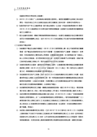 行政院施政報告
58
抵繳相同幣別外幣保單之保險費抵繳相同幣別外幣保單之保險費抵繳相同幣別外幣保單之保險費抵繳相同幣別外幣保單之保險費。。。。
５５５５、、、、105105105105 年年年年 1111 月月月月 5555 日修正日修正日修正日修正「「「「人身保險商品審查應注意事項人身保險商品審查應注意事項人身保險商品審查應注意事項人身保險商品審查應注意事項」，」，」，」，適度放寬團體年金保險之商品認計適度放寬團體年金保險之商品認計適度放寬團體年金保險之商品認計適度放寬團體年金保險之商品認計
彈性彈性彈性彈性，，，，有助於商品之多元化發展及協助企業主規劃員工退休安排有助於商品之多元化發展及協助企業主規劃員工退休安排有助於商品之多元化發展及協助企業主規劃員工退休安排有助於商品之多元化發展及協助企業主規劃員工退休安排，，，，保障老年經濟安全保障老年經濟安全保障老年經濟安全保障老年經濟安全。。。。
６６６６、、、、為提供境外客戶多元之融資管道為提供境外客戶多元之融資管道為提供境外客戶多元之融資管道為提供境外客戶多元之融資管道，，，，提升資金流動性提升資金流動性提升資金流動性提升資金流動性，，，，以及進一步協助保險業發展以及進一步協助保險業發展以及進一步協助保險業發展以及進一步協助保險業發展 OIUOIUOIUOIU 業務業務業務業務，，，，
105105105105 年年年年 1111 月月月月 19191919 日通過開放日通過開放日通過開放日通過開放 OIUOIUOIUOIU 保單至銀行辦理保費融資保單至銀行辦理保費融資保單至銀行辦理保費融資保單至銀行辦理保費融資，，，，並請銀行及保險業者研議實務面並請銀行及保險業者研議實務面並請銀行及保險業者研議實務面並請銀行及保險業者研議實務面
執行之具體作法執行之具體作法執行之具體作法執行之具體作法。。。。
７７７７、、、、配合金融科技發配合金融科技發配合金融科技發配合金融科技發展展展展，，，，積極引導保險業開發新保險商品積極引導保險業開發新保險商品積極引導保險業開發新保險商品積極引導保險業開發新保險商品，，，，如運用大數據設計貼近消費者需求如運用大數據設計貼近消費者需求如運用大數據設計貼近消費者需求如運用大數據設計貼近消費者需求
或符合市場發展趨勢之商品或符合市場發展趨勢之商品或符合市場發展趨勢之商品或符合市場發展趨勢之商品，，，，並於並於並於並於 105105105105 年年年年 2222 月月月月 5555 日核准產日核准產日核准產日核准產險公司險公司險公司險公司任意汽車保險車聯網任意汽車保險車聯網任意汽車保險車聯網任意汽車保險車聯網相關相關相關相關
新商品新商品新商品新商品。。。。
((((三三三三))))加強保戶權益保障加強保戶權益保障加強保戶權益保障加強保戶權益保障：：：：
１１１１、、、、為維護保戶權益及金融市場穩定為維護保戶權益及金融市場穩定為維護保戶權益及金融市場穩定為維護保戶權益及金融市場穩定，，，，105105105105 年年年年 1111 月月月月 26262626 日接管朝陽人壽日接管朝陽人壽日接管朝陽人壽日接管朝陽人壽，，，，該公司被接管後仍繼續該公司被接管後仍繼續該公司被接管後仍繼續該公司被接管後仍繼續
營運營運營運營運，，，，保戶權益依保險契約約定內容不受影響保戶權益依保險契約約定內容不受影響保戶權益依保險契約約定內容不受影響保戶權益依保險契約約定內容不受影響，，，，仍持續受理保戶之繳費仍持續受理保戶之繳費仍持續受理保戶之繳費仍持續受理保戶之繳費、、、、保險給付保險給付保險給付保險給付、、、、保單保單保單保單
借款借款借款借款、、、、有效保險契約之變更或終止等業務有效保險契約之變更或終止等業務有效保險契約之變更或終止等業務有效保險契約之變更或終止等業務，，，，並繼續承接新業務並繼續承接新業務並繼續承接新業務並繼續承接新業務。。。。本次接管處分係本次接管處分係本次接管處分係本次接管處分係「「「「保險法保險法保險法保險法」」」」
納入立即糾正措施後納入立即糾正措施後納入立即糾正措施後納入立即糾正措施後，，，，首次對財務狀況惡化達一定標準之保險業予以即時處理首次對財務狀況惡化達一定標準之保險業予以即時處理首次對財務狀況惡化達一定標準之保險業予以即時處理首次對財務狀況惡化達一定標準之保險業予以即時處理，，，，保險市場保險市場保險市場保險市場
已無淨值為已無淨值為已無淨值為已無淨值為負數之保險公司負數之保險公司負數之保險公司負數之保險公司，，，，對於金融秩序安定具有正面意義對於金融秩序安定具有正面意義對於金融秩序安定具有正面意義對於金融秩序安定具有正面意義。。。。
２２２２、、、、為確保保險業合法蒐集為確保保險業合法蒐集為確保保險業合法蒐集為確保保險業合法蒐集、、、、處理或利用特種個人資料處理或利用特種個人資料處理或利用特種個人資料處理或利用特種個人資料，，，，以維護保險消費者權益並兼顧保險業以維護保險消費者權益並兼顧保險業以維護保險消費者權益並兼顧保險業以維護保險消費者權益並兼顧保險業
務經營之需要務經營之需要務經營之需要務經營之需要，，，，105105105105 年年年年 5555 月月月月 25252525 日訂定日訂定日訂定日訂定「「「「保險法第一百七十七條之一第二項所定本人書面同保險法第一百七十七條之一第二項所定本人書面同保險法第一百七十七條之一第二項所定本人書面同保險法第一百七十七條之一第二項所定本人書面同
意方式意方式意方式意方式、、、、業務範圍及其他應遵行事項管理辦法業務範圍及其他應遵行事項管理辦法業務範圍及其他應遵行事項管理辦法業務範圍及其他應遵行事項管理辦法」。」。」。」。
３３３３、、、、為迅速為迅速為迅速為迅速提供受災保戶之保障提供受災保戶之保障提供受災保戶之保障提供受災保戶之保障，，，，對於對於對於對於 105105105105 年年年年 2222 月月月月 6666 日高雄美濃發生芮氏規模日高雄美濃發生芮氏規模日高雄美濃發生芮氏規模日高雄美濃發生芮氏規模 6.66.66.66.6 地震地震地震地震，，，，造成造成造成造成
臺南等地區人員傷亡及房屋倒塌等災情臺南等地區人員傷亡及房屋倒塌等災情臺南等地區人員傷亡及房屋倒塌等災情臺南等地區人員傷亡及房屋倒塌等災情，，，，第一時間啟動保險業多項關懷服務措施及責成保第一時間啟動保險業多項關懷服務措施及責成保第一時間啟動保險業多項關懷服務措施及責成保第一時間啟動保險業多項關懷服務措施及責成保
險業者迅速理賠險業者迅速理賠險業者迅速理賠險業者迅速理賠，，，，以協助災民重建以協助災民重建以協助災民重建以協助災民重建。。。。另請財團法人住宅地震保險基金參考本次震災經驗另請財團法人住宅地震保險基金參考本次震災經驗另請財團法人住宅地震保險基金參考本次震災經驗另請財團法人住宅地震保險基金參考本次震災經驗，，，，
檢討改善住宅檢討改善住宅檢討改善住宅檢討改善住宅地震保險相關機制地震保險相關機制地震保險相關機制地震保險相關機制，，，，以保障保戶權益以保障保戶權益以保障保戶權益以保障保戶權益。。。。
４４４４、、、、為落實對經濟弱勢民眾之照顧為落實對經濟弱勢民眾之照顧為落實對經濟弱勢民眾之照顧為落實對經濟弱勢民眾之照顧，，，，賡續加強推動微型保險賡續加強推動微型保險賡續加強推動微型保險賡續加強推動微型保險，，，，截至截至截至截至 105105105105 年年年年 6666 月底止月底止月底止月底止，，，，微型保險微型保險微型保險微型保險
累計承保人數約累計承保人數約累計承保人數約累計承保人數約 32.132.132.132.1 萬人萬人萬人萬人，，，，累計承保金額逾累計承保金額逾累計承保金額逾累計承保金額逾 1,01,01,01,070707070 億億億億元元元元，，，，有效契約被保險人數約有效契約被保險人數約有效契約被保險人數約有效契約被保險人數約 22224444 萬人萬人萬人萬人。。。。
５５５５、、、、為使消費者更清楚瞭解與其權益攸關之重大訊息為使消費者更清楚瞭解與其權益攸關之重大訊息為使消費者更清楚瞭解與其權益攸關之重大訊息為使消費者更清楚瞭解與其權益攸關之重大訊息，，，，於於於於 105105105105 年年年年 8888 月月月月 1111 日修正日修正日修正日修正「「「「財產保險業辦財產保險業辦財產保險業辦財產保險業辦
理資訊公開管理辦法理資訊公開管理辦法理資訊公開管理辦法理資訊公開管理辦法」」」」及及及及「「「「人身保險業辦理資訊公開管理辦法人身保險業辦理資訊公開管理辦法人身保險業辦理資訊公開管理辦法人身保險業辦理資訊公開管理辦法」」」」，，，，增列保險業應揭露增列保險業應揭露增列保險業應揭露增列保險業應揭露「「「「((((１１１１))))
兼營保險代理人業務之銀行兼營保險代理人業務之銀行兼營保險代理人業務之銀行兼營保險代理人業務之銀行((((２２２２))))免送審查之保險商品之文號與日期免送審查之保險商品之文號與日期免送審查之保險商品之文號與日期免送審查之保險商品之文號與日期((((３３３３))))更換簽證精算人更換簽證精算人更換簽證精算人更換簽證精算人
員之原因及員之原因及員之原因及員之原因及((((４４４４))))保險業對其利害關係人為擔保放款達一定金額保險業對其利害關係人為擔保放款達一定金額保險業對其利害關係人為擔保放款達一定金額保險業對其利害關係人為擔保放款達一定金額者者者者，，，，於放款或轉銷呆帳時於放款或轉銷呆帳時於放款或轉銷呆帳時於放款或轉銷呆帳時，，，，
應予揭露應予揭露應予揭露應予揭露」」」」等規定等規定等規定等規定。。。。
６６６６、、、、為使個人傷害保險費率更具合理性為使個人傷害保險費率更具合理性為使個人傷害保險費率更具合理性為使個人傷害保險費率更具合理性，，，，已於已於已於已於 105105105105 年年年年 7777 月月月月 19191919 日發布自日發布自日發布自日發布自 106106106106 年年年年 1111 月月月月 1111 日起將個日起將個日起將個日起將個
人傷害保險人傷害保險人傷害保險人傷害保險((((不含旅行平安保險不含旅行平安保險不含旅行平安保險不含旅行平安保險))))之危險發生率下限標準調降至萬分之之危險發生率下限標準調降至萬分之之危險發生率下限標準調降至萬分之之危險發生率下限標準調降至萬分之 2.45432.45432.45432.4543，，，，並同時增訂並同時增訂並同時增訂並同時增訂
危險發生率上限為萬分之危險發生率上限為萬分之危險發生率上限為萬分之危險發生率上限為萬分之 6.54486.54486.54486.5448，，，，以作為業者商品純保險費費率訂定之合理區間以作為業者商品純保險費費率訂定之合理區間以作為業者商品純保險費費率訂定之合理區間以作為業者商品純保險費費率訂定之合理區間。。。。預期本預期本預期本預期本
項措施實施後項措施實施後項措施實施後項措施實施後，，，，民眾投保個人傷害保險費率將合理調降或提高保障金額民眾投保個人傷害保險費率將合理調降或提高保障金額民眾投保個人傷害保險費率將合理調降或提高保障金額民眾投保個人傷害保險費率將合理調降或提高保障金額，，，，減輕民眾負擔減輕民眾負擔減輕民眾負擔減輕民眾負擔。。。。
行
政
院
行
政
院
第
3512次
院
會
會
議
5675B3513DD000D7
 