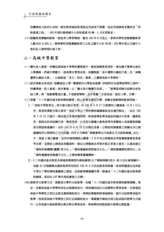 行政院施政報告
60
持續請地方政府以本院一般性教育補助款項指定用途項下經費持續請地方政府以本院一般性教育補助款項指定用途項下經費持續請地方政府以本院一般性教育補助款項指定用途項下經費持續請地方政府以本院一般性教育補助款項指定用途項下經費，，，，指定用途辦理老舊校舍指定用途辦理老舊校舍指定用途辦理老舊校舍指定用途辦理老舊校舍「「「「拆拆拆拆
除重建工程除重建工程除重建工程除重建工程」，」，」，」，105105105105 年預計辦理國中小拆除重建年預計辦理國中小拆除重建年預計辦理國中小拆除重建年預計辦理國中小拆除重建 59595959 棟棟棟棟、、、、1,3181,3181,3181,318 間教室間教室間教室間教室。。。。
((((十十十十))))鼓勵教育實驗與創新鼓勵教育實驗與創新鼓勵教育實驗與創新鼓勵教育實驗與創新，，，，創造多元學習環境創造多元學習環境創造多元學習環境創造多元學習環境：：：：截至截至截至截至 105105105105 年年年年 6666 月底止月底止月底止月底止，，，，參與非學校型態實驗教育參與非學校型態實驗教育參與非學校型態實驗教育參與非學校型態實驗教育
人數共計人數共計人數共計人數共計 3,2653,2653,2653,265 人人人人；；；；辦理學校型態實驗教育之公私立國中小計辦理學校型態實驗教育之公私立國中小計辦理學校型態實驗教育之公私立國中小計辦理學校型態實驗教育之公私立國中小計 39393939 校校校校；；；；105105105105 學年度公立國中小學年度公立國中小學年度公立國中小學年度公立國中小
委託私人辦理預計達委託私人辦理預計達委託私人辦理預計達委託私人辦理預計達 5555 校校校校。。。。
二二二二、、、、高級中等教育高級中等教育高級中等教育高級中等教育
((((一一一一))))優先投入資源優先投入資源優先投入資源優先投入資源，，，，持續促進高持續促進高持續促進高持續促進高級中等學校優質提升級中等學校優質提升級中等學校優質提升級中等學校優質提升，，，，縮短城鄉教育差距縮短城鄉教育差距縮短城鄉教育差距縮短城鄉教育差距，，，，增加國中畢業生就近增加國中畢業生就近增加國中畢業生就近增加國中畢業生就近
入學機會入學機會入學機會入學機會，，，，舒緩升學壓力舒緩升學壓力舒緩升學壓力舒緩升學壓力，，，，提高學生學習成效提高學生學習成效提高學生學習成效提高學生學習成效；；；；持續推動持續推動持續推動持續推動「「「「高中優質化輔助方案高中優質化輔助方案高中優質化輔助方案高中優質化輔助方案」」」」及及及及「「「「高職高職高職高職
優質化輔助方案優質化輔助方案優質化輔助方案優質化輔助方案」，」，」，」，以期創造以期創造以期創造以期創造「「「「多元多元多元多元、、、、特色特色特色特色、、、、專業專業專業專業」」」」之優質高級中等學校之優質高級中等學校之優質高級中等學校之優質高級中等學校。。。。
((((二二二二))))逐步推動全面免試逐步推動全面免試逐步推動全面免試逐步推動全面免試：：：：鼓勵就近入學鼓勵就近入學鼓勵就近入學鼓勵就近入學，，，，穩健朝向以學區為基礎穩健朝向以學區為基礎穩健朝向以學區為基礎穩健朝向以學區為基礎，，，，詳細評估各就學區學校之條件詳細評估各就學區學校之條件詳細評估各就學區學校之條件詳細評估各就學區學校之條件，，，，
持續溝通持續溝通持續溝通持續溝通，，，，投入資源投入資源投入資源投入資源，，，，逐步漸進逐步漸進逐步漸進逐步漸進，，，，以以以以「「「「擴大高中職優先免試擴大高中職優先免試擴大高中職優先免試擴大高中職優先免試」、「」、「」、「」、「就學區或縣市試辦全面免就學區或縣市試辦全面免就學區或縣市試辦全面免就學區或縣市試辦全面免
試入學試入學試入學試入學」」」」與與與與「「「「推動類繁星計畫推動類繁星計畫推動類繁星計畫推動類繁星計畫」」」」3333 項重要策略項重要策略項重要策略項重要策略，，，，逐步落實逐步落實逐步落實逐步落實「「「「全面免試全面免試全面免試全面免試，，，，就近入學就近入學就近入學就近入學」」」」目標目標目標目標。。。。
((((三三三三))))落實落實落實落實「「「「十二年國民基本教育課程綱要十二年國民基本教育課程綱要十二年國民基本教育課程綱要十二年國民基本教育課程綱要」」」」核心素養及課程目標核心素養及課程目標核心素養及課程目標核心素養及課程目標，，，，規劃並推動課程配套措施規劃並推動課程配套措施規劃並推動課程配套措施規劃並推動課程配套措施：：：：
１１１１、「、「、「、「高級中等教育法高級中等教育法高級中等教育法高級中等教育法」」」」部分條文修正草案部分條文修正草案部分條文修正草案部分條文修正草案，，，，於於於於 105105105105 年年年年 5555 月月月月 17171717 日經貴院三讀通過日經貴院三讀通過日經貴院三讀通過日經貴院三讀通過，，，，6666 月月月月 1111 日公日公日公日公
布布布布，，，，教育部業配合修正發布教育部業配合修正發布教育部業配合修正發布教育部業配合修正發布「「「「高級中等以下學校課程審議會組成及運作辦法高級中等以下學校課程審議會組成及運作辦法高級中等以下學校課程審議會組成及運作辦法高級中等以下學校課程審議會組成及運作辦法」，」，」，」，並自並自並自並自 105105105105
年年年年 7777 月月月月 15151515 日施行日施行日施行日施行。。。。辦法修正草案研擬期間辦法修正草案研擬期間辦法修正草案研擬期間辦法修正草案研擬期間，，，，除委請專家學者協助研擬法令草案除委請專家學者協助研擬法令草案除委請專家學者協助研擬法令草案除委請專家學者協助研擬法令草案、、、、邀請家邀請家邀請家邀請家
長長長長、、、、教師及校長組織代表教師及校長組織代表教師及校長組織代表教師及校長組織代表、、、、專家學者專家學者專家學者專家學者，，，，以及曾任審議大會委員等利害關係人或富實務經驗以及曾任審議大會委員等利害關係人或富實務經驗以及曾任審議大會委員等利害關係人或富實務經驗以及曾任審議大會委員等利害關係人或富實務經驗
者召開諮詢會議外者召開諮詢會議外者召開諮詢會議外者召開諮詢會議外，，，，亦於亦於亦於亦於 105105105105 年年年年 6666 月月月月 16161616 日召開記者會日召開記者會日召開記者會日召開記者會，，，，公開說明課審會之相關法令已朝公開說明課審會之相關法令已朝公開說明課審會之相關法令已朝公開說明課審會之相關法令已朝
審議程序公開透明之方向研擬審議程序公開透明之方向研擬審議程序公開透明之方向研擬審議程序公開透明之方向研擬，，，，同年同年同年同年 6666 月辦理月辦理月辦理月辦理「「「「課審會學生代表產生方式諮詢會議課審會學生代表產生方式諮詢會議課審會學生代表產生方式諮詢會議課審會學生代表產生方式諮詢會議」」」」及北及北及北及北、、、、
中中中中、、、、南區南區南區南區 3333 場公聽會場公聽會場公聽會場公聽會，，，，並同步辦理網路公聽會並同步辦理網路公聽會並同步辦理網路公聽會並同步辦理網路公聽會；；；；7777 月中旬公開徵詢各界推薦課審會委員參月中旬公開徵詢各界推薦課審會委員參月中旬公開徵詢各界推薦課審會委員參月中旬公開徵詢各界推薦課審會委員參
考名單考名單考名單考名單，，，，並開放上網填具相關資料並開放上網填具相關資料並開放上網填具相關資料並開放上網填具相關資料。。。。期由公開徵詢各界對於修正草案之意見期由公開徵詢各界對於修正草案之意見期由公開徵詢各界對於修正草案之意見期由公開徵詢各界對於修正草案之意見，，，，以達成建立以達成建立以達成建立以達成建立
「「「「課程研發機構課程研發機構課程研發機構課程研發機構((((團體團體團體團體))))多元化多元化多元化多元化」、「」、「」、「」、「課程審議參與對象民主化課程審議參與對象民主化課程審議參與對象民主化課程審議參與對象民主化」、「」、「」、「」、「課程審議歷程透明化課程審議歷程透明化課程審議歷程透明化課程審議歷程透明化」」」」及及及及
「「「「課程審議委員遴選中立化課程審議委員遴選中立化課程審議委員遴選中立化課程審議委員遴選中立化」」」」之課程綱要審議機制之課程綱要審議機制之課程綱要審議機制之課程綱要審議機制。。。。
２２２２、、、、十二年國民基本教育各領域與專業群科課程綱要十二年國民基本教育各領域與專業群科課程綱要十二年國民基本教育各領域與專業群科課程綱要十二年國民基本教育各領域與專業群科課程綱要((((以下簡稱領綱以下簡稱領綱以下簡稱領綱以下簡稱領綱))))部分部分部分部分，，，，除除除除 3333 份社會領綱外份社會領綱外份社會領綱外份社會領綱外，，，，
其餘其餘其餘其餘 41414141 份領綱業由國家教育研究院於份領綱業由國家教育研究院於份領綱業由國家教育研究院於份領綱業由國家教育研究院於 105105105105 年年年年 2222 月初送教育部候審月初送教育部候審月初送教育部候審月初送教育部候審，，，，該部將儘速完成高級該部將儘速完成高級該部將儘速完成高級該部將儘速完成高級
中等以下學校課程審議會之重組中等以下學校課程審議會之重組中等以下學校課程審議會之重組中等以下學校課程審議會之重組，，，，並啟動領綱審議作業並啟動領綱審議作業並啟動領綱審議作業並啟動領綱審議作業，，，，期達成期達成期達成期達成「「「「十二十二十二十二年國民基本教育課年國民基本教育課年國民基本教育課年國民基本教育課
程綱要程綱要程綱要程綱要」」」」原則自原則自原則自原則自 107107107107 學年度起實施之目標學年度起實施之目標學年度起實施之目標學年度起實施之目標。。。。
((((四四四四))))發展多元教學方式發展多元教學方式發展多元教學方式發展多元教學方式，，，，推動部分學科分組教學推動部分學科分組教學推動部分學科分組教學推動部分學科分組教學：：：：依據依據依據依據「「「「十二年國民基本教育課程綱要總綱十二年國民基本教育課程綱要總綱十二年國民基本教育課程綱要總綱十二年國民基本教育課程綱要總綱」」」」規規規規
定定定定，，，，各類型高級中等學校部定必修課程部分各類型高級中等學校部定必修課程部分各類型高級中等學校部定必修課程部分各類型高級中等學校部定必修課程部分，，，，得採適性設計以因應學生學習差異得採適性設計以因應學生學習差異得採適性設計以因應學生學習差異得採適性設計以因應學生學習差異；；；；另普通型另普通型另普通型另普通型
高級中等學校之校訂必修及選修課程部分高級中等學校之校訂必修及選修課程部分高級中等學校之校訂必修及選修課程部分高級中等學校之校訂必修及選修課程部分，，，，得開設專題與跨領域課程得開設專題與跨領域課程得開設專題與跨領域課程得開設專題與跨領域課程、、、、進行分組教學或協同進行分組教學或協同進行分組教學或協同進行分組教學或協同
教學教學教學教學；；；；技術型高級中等學校之校訂必修課程部分技術型高級中等學校之校訂必修課程部分技術型高級中等學校之校訂必修課程部分技術型高級中等學校之校訂必修課程部分，，，，專題實作課程亦採分組或協同教學方式進專題實作課程亦採分組或協同教學方式進專題實作課程亦採分組或協同教學方式進專題實作課程亦採分組或協同教學方式進
行行行行，，，，以有效提升教師教學品質及學生學習成效以有效提升教師教學品質及學生學習成效以有效提升教師教學品質及學生學習成效以有效提升教師教學品質及學生學習成效，，，，厚植學校與教師提升教學品質能量厚植學校與教師提升教學品質能量厚植學校與教師提升教學品質能量厚植學校與教師提升教學品質能量。。。。
行
政
院
行
政
院
第
3512次
院
會
會
議
5675B3513DD000D7
 