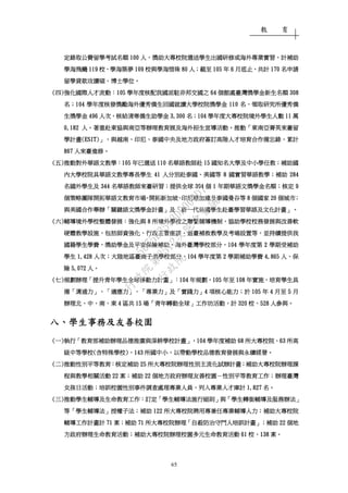 教 育
65
定錄取公費留學考試名額定錄取公費留學考試名額定錄取公費留學考試名額定錄取公費留學考試名額 100100100100 人人人人，，，，獎助大專校院選送學生出國研修或海外專業實習獎助大專校院選送學生出國研修或海外專業實習獎助大專校院選送學生出國研修或海外專業實習獎助大專校院選送學生出國研修或海外專業實習，，，，計補助計補助計補助計補助
學海飛颺學海飛颺學海飛颺學海飛颺 119119119119 校校校校、、、、學海築夢學海築夢學海築夢學海築夢 109109109109 校與學海惜珠校與學海惜珠校與學海惜珠校與學海惜珠 80808080 人人人人；；；；截至截至截至截至 105105105105 年年年年 6666 月底止月底止月底止月底止，，，，共計共計共計共計 170170170170 名申請名申請名申請名申請
留學貸款攻讀碩留學貸款攻讀碩留學貸款攻讀碩留學貸款攻讀碩、、、、博士學位博士學位博士學位博士學位。。。。
((((四四四四))))強化國際人才流動強化國際人才流動強化國際人才流動強化國際人才流動：：：：105105105105 學年度核配我國派駐非邦交國之學年度核配我國派駐非邦交國之學年度核配我國派駐非邦交國之學年度核配我國派駐非邦交國之 64646464 個館處臺灣獎學金新生名額個館處臺灣獎學金新生名額個館處臺灣獎學金新生名額個館處臺灣獎學金新生名額 308308308308
名名名名；；；；104104104104 學年度核發獎勵海外優秀僑生回國就讀大學校院獎學金學年度核發獎勵海外優秀僑生回國就讀大學校院獎學金學年度核發獎勵海外優秀僑生回國就讀大學校院獎學金學年度核發獎勵海外優秀僑生回國就讀大學校院獎學金 110110110110 名名名名，，，，領取研究所優領取研究所優領取研究所優領取研究所優秀僑秀僑秀僑秀僑
生獎學金生獎學金生獎學金生獎學金 496496496496 人次人次人次人次，，，，核給清寒僑生助學金核給清寒僑生助學金核給清寒僑生助學金核給清寒僑生助學金 3,3003,3003,3003,300 名名名名；；；；104104104104 學年度大專校院境外學生人數學年度大專校院境外學生人數學年度大專校院境外學生人數學年度大專校院境外學生人數 11111111 萬萬萬萬
0,1820,1820,1820,182 人人人人。。。。著重赴東協與南亞等辦理教育展及海外招生宣導活動著重赴東協與南亞等辦理教育展及海外招生宣導活動著重赴東協與南亞等辦理教育展及海外招生宣導活動著重赴東協與南亞等辦理教育展及海外招生宣導活動。。。。推動推動推動推動「「「「東南亞菁英來臺留東南亞菁英來臺留東南亞菁英來臺留東南亞菁英來臺留
學計畫學計畫學計畫學計畫((((ESITESITESITESIT))))」，」，」，」，與越南與越南與越南與越南、、、、印尼印尼印尼印尼、、、、泰國中央及地方政府簽訂高階人才培育合作備忘錄泰國中央及地方政府簽訂高階人才培育合作備忘錄泰國中央及地方政府簽訂高階人才培育合作備忘錄泰國中央及地方政府簽訂高階人才培育合作備忘錄，，，，累計累計累計累計
867867867867 人來臺進修人來臺進修人來臺進修人來臺進修。。。。
((((五五五五))))推動對外華語文教學推動對外華語文教學推動對外華語文教學推動對外華語文教學：：：：105105105105 年已選送年已選送年已選送年已選送 110110110110 名華語教師赴名華語教師赴名華語教師赴名華語教師赴 15151515 國知名大學及中小學任教國知名大學及中小學任教國知名大學及中小學任教國知名大學及中小學任教；；；；補助國補助國補助國補助國
內大學校院具華語文教學專長學生內大學校院具華語文教學專長學生內大學校院具華語文教學專長學生內大學校院具華語文教學專長學生 41414141 人分別赴泰國人分別赴泰國人分別赴泰國人分別赴泰國、、、、美國等美國等美國等美國等 8888 國實習華語教學國實習華語教學國實習華語教學國實習華語教學；；；；補助補助補助補助 284284284284
名國外學生及名國外學生及名國外學生及名國外學生及 344344344344 名華語教師來臺研習名華語教師來臺研習名華語教師來臺研習名華語教師來臺研習；；；；提供全球提供全球提供全球提供全球 394394394394 個個個個 1111 年期華語文獎學金名額年期華語文獎學金名額年期華語文獎學金名額年期華語文獎學金名額；；；；核定核定核定核定 9999
個策略團隊開拓華語文教育市場個策略團隊開拓華語文教育市場個策略團隊開拓華語文教育市場個策略團隊開拓華語文教育市場，，，，開拓新加坡開拓新加坡開拓新加坡開拓新加坡、、、、印尼雅加達及泰國曼谷等印尼雅加達及泰國曼谷等印尼雅加達及泰國曼谷等印尼雅加達及泰國曼谷等 8888 個國家個國家個國家個國家 20202020 個城市個城市個城市個城市；；；；
與美國合作舉辦與美國合作舉辦與美國合作舉辦與美國合作舉辦「「「「關鍵語文獎學金計畫關鍵語文獎學金計畫關鍵語文獎學金計畫關鍵語文獎學金計畫」」」」及及及及「「「「新一代美國學生赴臺學習華語及文化計畫新一代美國學生赴臺學習華語及文化計畫新一代美國學生赴臺學習華語及文化計畫新一代美國學生赴臺學習華語及文化計畫」。」。」。」。
((((六六六六))))輔導境外學校整體發展輔導境外學校整體發展輔導境外學校整體發展輔導境外學校整體發展：：：：強化與強化與強化與強化與 8888 所境外學校之聯繫輔導機制所境外學校之聯繫輔導機制所境外學校之聯繫輔導機制所境外學校之聯繫輔導機制，，，，協助學校校務發展與改善軟協助學校校務發展與改善軟協助學校校務發展與改善軟協助學校校務發展與改善軟
硬體教學設施硬體教學設施硬體教學設施硬體教學設施，，，，包括師資強化包括師資強化包括師資強化包括師資強化、、、、行政主管座談行政主管座談行政主管座談行政主管座談、、、、返臺補救教學及考場設置等返臺補救教學及考場設置等返臺補救教學及考場設置等返臺補救教學及考場設置等，，，，並持續提供我並持續提供我並持續提供我並持續提供我
國籍學生學費國籍學生學費國籍學生學費國籍學生學費、、、、獎助學金及平安保險補助獎助學金及平安保險補助獎助學金及平安保險補助獎助學金及平安保險補助。。。。海外臺灣學校部分海外臺灣學校部分海外臺灣學校部分海外臺灣學校部分，，，，104104104104 學年度第學年度第學年度第學年度第 2222 學期受補助學期受補助學期受補助學期受補助
學生學生學生學生 1,4281,4281,4281,428 人次人次人次人次；；；；大陸地區臺商子弟學校部分大陸地區臺商子弟學校部分大陸地區臺商子弟學校部分大陸地區臺商子弟學校部分，，，，111104040404 學年度第學年度第學年度第學年度第 2222 學期補學期補學期補學期補助學費助學費助學費助學費 4,8654,8654,8654,865 人人人人、、、、保保保保
險險險險 5,0725,0725,0725,072 人人人人。。。。
((((七七七七))))規劃辦理規劃辦理規劃辦理規劃辦理「「「「提升青年學生全球移動力計畫提升青年學生全球移動力計畫提升青年學生全球移動力計畫提升青年學生全球移動力計畫」：」：」：」：104104104104 年規劃年規劃年規劃年規劃，，，，105105105105 年至年至年至年至 108108108108 年實施年實施年實施年實施，，，，培育學生具培育學生具培育學生具培育學生具
備備備備「「「「溝通力溝通力溝通力溝通力」、「」、「」、「」、「適應力適應力適應力適應力」、「」、「」、「」、「專業力專業力專業力專業力」」」」及及及及「「「「實踐力實踐力實踐力實踐力」」」」4444 項核心能力項核心能力項核心能力項核心能力；；；；於於於於 105105105105 年年年年 4444 月至月至月至月至 5555 月月月月
辦理北辦理北辦理北辦理北、、、、中中中中、、、、南南南南、、、、東東東東 4444 區共區共區共區共 15151515 場場場場「「「「青年轉動全球青年轉動全球青年轉動全球青年轉動全球」」」」工作坊活動工作坊活動工作坊活動工作坊活動，，，，計計計計 320320320320 校校校校、、、、528528528528 人參與人參與人參與人參與。。。。
八八八八、、、、學生事務及友善校園學生事務及友善校園學生事務及友善校園學生事務及友善校園
((((一一一一))))執行執行執行執行「「「「教育部補助辦理品德推廣與深耕學校計畫教育部補助辦理品德推廣與深耕學校計畫教育部補助辦理品德推廣與深耕學校計畫教育部補助辦理品德推廣與深耕學校計畫」，」，」，」，104104104104 學年度補助學年度補助學年度補助學年度補助 68686868 所大專校院所大專校院所大專校院所大專校院、、、、63636363 所高所高所高所高
級中等學校級中等學校級中等學校級中等學校((((含特殊學校含特殊學校含特殊學校含特殊學校))))、、、、143143143143 所國中小所國中小所國中小所國中小，，，，以帶動學校品德教育發展與永續經營以帶動學校品德教育發展與永續經營以帶動學校品德教育發展與永續經營以帶動學校品德教育發展與永續經營。。。。
((((二二二二))))推動性別平推動性別平推動性別平推動性別平等教育等教育等教育等教育：：：：核定補助核定補助核定補助核定補助 25252525 所大專校院辦理性別主流化試辦計畫所大專校院辦理性別主流化試辦計畫所大專校院辦理性別主流化試辦計畫所大專校院辦理性別主流化試辦計畫；；；；補助大專校院辦理課補助大專校院辦理課補助大專校院辦理課補助大專校院辦理課
程與教學相關活動程與教學相關活動程與教學相關活動程與教學相關活動 22222222 案案案案；；；；補助補助補助補助 22222222 個地方政府辦理友善校園個地方政府辦理友善校園個地方政府辦理友善校園個地方政府辦理友善校園－－－－性別平等教育工作性別平等教育工作性別平等教育工作性別平等教育工作；；；；辦理臺灣辦理臺灣辦理臺灣辦理臺灣
女孩日活動女孩日活動女孩日活動女孩日活動；；；；培訓校園性別事件調查處理專業人員培訓校園性別事件調查處理專業人員培訓校園性別事件調查處理專業人員培訓校園性別事件調查處理專業人員，，，，列入列入列入列入專業人才庫計專業人才庫計專業人才庫計專業人才庫計 1,1,1,1,827827827827 名名名名。。。。
((((三三三三))))推動學生輔導及生命教育工作推動學生輔導及生命教育工作推動學生輔導及生命教育工作推動學生輔導及生命教育工作：：：：訂定訂定訂定訂定「「「「學生輔導法施行細則學生輔導法施行細則學生輔導法施行細則學生輔導法施行細則」」」」與與與與「「「「學生轉銜輔導及服務辦法學生轉銜輔導及服務辦法學生轉銜輔導及服務辦法學生轉銜輔導及服務辦法」」」」
等等等等「「「「學生輔導法學生輔導法學生輔導法學生輔導法」」」」授權子法授權子法授權子法授權子法；；；；補助補助補助補助 122122122122 所大專校院聘用專兼任專業輔導人力所大專校院聘用專兼任專業輔導人力所大專校院聘用專兼任專業輔導人力所大專校院聘用專兼任專業輔導人力；；；；補助大專校院補助大專校院補助大專校院補助大專校院
輔導工作計畫計輔導工作計畫計輔導工作計畫計輔導工作計畫計 77771111 案案案案；；；；補助補助補助補助 71717171 所大專校院辦理所大專校院辦理所大專校院辦理所大專校院辦理「「「「自殺防治守門人培訓計畫自殺防治守門人培訓計畫自殺防治守門人培訓計畫自殺防治守門人培訓計畫」；」；」；」；補助補助補助補助 22222222 個個個個地地地地
方政府辦理生命教育活動方政府辦理生命教育活動方政府辦理生命教育活動方政府辦理生命教育活動；；；；補補補補助大專校院辦理校園多元生命教育活動助大專校院辦理校園多元生命教育活動助大專校院辦理校園多元生命教育活動助大專校院辦理校園多元生命教育活動 61616161 校校校校、、、、138138138138 案案案案。。。。
行
政
院
行
政
院
第
3512次
院
會
會
議
5675B3513DD000D7
 