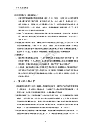 行政院施政報告
66
((((四四四四))))改善校園治安改善校園治安改善校園治安改善校園治安，，，，維護校園安全維護校園安全維護校園安全維護校園安全：：：：
１１１１、、、、定期召開防制校園霸凌專案小組會議定期召開防制校園霸凌專案小組會議定期召開防制校園霸凌專案小組會議定期召開防制校園霸凌專案小組會議，，，，截至截至截至截至 105105105105 年年年年 6666 月底止月底止月底止月底止，，，，計召開計召開計召開計召開 236236236236 次次次次；；；；辦理教育單辦理教育單辦理教育單辦理教育單
位聯合警方實施校外聯合巡查位聯合警方實施校外聯合巡查位聯合警方實施校外聯合巡查位聯合警方實施校外聯合巡查，，，，截至截至截至截至 105105105105 年年年年 6666 月底止月底止月底止月底止，，，，共計共計共計共計 4,9324,9324,9324,932 次次次次，，，，動員動員動員動員 9,3359,3359,3359,335 人次人次人次人次、、、、
教官教官教官教官 5,0845,0845,0845,084 人次人次人次人次、、、、教師教師教師教師 4,2514,2514,2514,251 人次及勸導學生人次及勸導學生人次及勸導學生人次及勸導學生 5,6405,6405,6405,640 人人人人；；；；辦理教育服務役訓練與管理辦理教育服務役訓練與管理辦理教育服務役訓練與管理辦理教育服務役訓練與管理，，，，截截截截
至至至至 105105105105 年年年年 6666 月月月月底止底止底止底止，，，，共共共共計計計計 5555 梯次梯次梯次梯次、、、、1,4081,4081,4081,408 人人人人，，，，辦理春暉專案及維護校園安全等工作辦理春暉專案及維護校園安全等工作辦理春暉專案及維護校園安全等工作辦理春暉專案及維護校園安全等工作，，，，有效有效有效有效
運用役男人力運用役男人力運用役男人力運用役男人力，，，，落實推動各項教育政策落實推動各項教育政策落實推動各項教育政策落實推動各項教育政策。。。。
２２２２、、、、辦理辦理辦理辦理「「「「反毒健康小學堂反毒健康小學堂反毒健康小學堂反毒健康小學堂」」」」網路有獎徵網路有獎徵網路有獎徵網路有獎徵答活動答活動答活動答活動，，，，將反毒知識題庫融入教學將反毒知識題庫融入教學將反毒知識題庫融入教學將反毒知識題庫融入教學。。。。於寒於寒於寒於寒、、、、暑假前設暑假前設暑假前設暑假前設
計計計計「「「「為愛拒毒為愛拒毒為愛拒毒為愛拒毒」」」」親子共學反毒知識學習單親子共學反毒知識學習單親子共學反毒知識學習單親子共學反毒知識學習單，，，，105105105105 年寒假約有年寒假約有年寒假約有年寒假約有 214214214214 萬人參加萬人參加萬人參加萬人參加，，，，答對一半以上答對一半以上答對一半以上答對一半以上
者達者達者達者達 98.12%98.12%98.12%98.12%。。。。
((((五五五五))))環境教育及永續校園環境教育及永續校園環境教育及永續校園環境教育及永續校園：：：：推動推動推動推動「「「「直轄市及縣直轄市及縣直轄市及縣直轄市及縣((((市市市市))))政府辦理防災教育計畫政府辦理防災教育計畫政府辦理防災教育計畫政府辦理防災教育計畫」」」」及及及及「「「「高級中等以下學高級中等以下學高級中等以下學高級中等以下學
校防災校園建置計畫校防災校園建置計畫校防災校園建置計畫校防災校園建置計畫」，」，」，」，截至截至截至截至 105105105105 年年年年 3333 月底止月底止月底止月底止，，，，計補助計補助計補助計補助 1111,,,,064064064064 校次建置防災校園校次建置防災校園校次建置防災校園校次建置防災校園、、、、22222222 個地方個地方個地方個地方
政府辦理防災教育計畫政府辦理防災教育計畫政府辦理防災教育計畫政府辦理防災教育計畫，，，，培育種子師資及推動防災教育輔導工作培育種子師資及推動防災教育輔導工作培育種子師資及推動防災教育輔導工作培育種子師資及推動防災教育輔導工作；；；；推動推動推動推動「「「「永續校園改造計畫永續校園改造計畫永續校園改造計畫永續校園改造計畫」，」，」，」，
截至截至截至截至 105105105105 年年年年 6666 月底止月底止月底止月底止，，，，計補助計補助計補助計補助 1111,,,,163163163163 校次辦理永續校園局部改造校次辦理永續校園局部改造校次辦理永續校園局部改造校次辦理永續校園局部改造，，，，落實環境教育落實環境教育落實環境教育落實環境教育。。。。
((((六六六六))))學校衛生學校衛生學校衛生學校衛生：：：：
１１１１、、、、確確確確保學校午餐及校園食品安全保學校午餐及校園食品安全保學校午餐及校園食品安全保學校午餐及校園食品安全：：：：104104104104 學年度輔導訪視學年度輔導訪視學年度輔導訪視學年度輔導訪視 22222222 個地方政府個地方政府個地方政府個地方政府、、、、199199199199 所國中小所國中小所國中小所國中小、、、、310310310310
所高級中等學校所高級中等學校所高級中等學校所高級中等學校、、、、67676767 所大專校院所大專校院所大專校院所大專校院，，，，並由教育部會同相關機關聯合稽查並由教育部會同相關機關聯合稽查並由教育部會同相關機關聯合稽查並由教育部會同相關機關聯合稽查 45454545 家團膳業者與食家團膳業者與食家團膳業者與食家團膳業者與食
材供應商材供應商材供應商材供應商，，，，將稽查報告函送地方政府追蹤改善將稽查報告函送地方政府追蹤改善將稽查報告函送地方政府追蹤改善將稽查報告函送地方政府追蹤改善，，，，且納入學校午餐食材採購參考且納入學校午餐食材採購參考且納入學校午餐食材採購參考且納入學校午餐食材採購參考。。。。
２２２２、、、、全面推動全面推動全面推動全面推動「「「「健康促進學校計畫健康促進學校計畫健康促進學校計畫健康促進學校計畫」：」：」：」：將性教育將性教育將性教育將性教育((((含愛滋病防治含愛滋病防治含愛滋病防治含愛滋病防治))))、、、、健康體位健康體位健康體位健康體位((((含代謝症候群防治含代謝症候群防治含代謝症候群防治含代謝症候群防治))))
及菸害防制及菸害防制及菸害防制及菸害防制((((含無菸校園含無菸校園含無菸校園含無菸校園))))列為大專校院及地方政府辦理之必選議題列為大專校院及地方政府辦理之必選議題列為大專校院及地方政府辦理之必選議題列為大專校院及地方政府辦理之必選議題，，，，地方政府並將視力保地方政府並將視力保地方政府並將視力保地方政府並將視力保
健健健健、、、、口腔衛生及全民健保列為必選議題口腔衛生及全民健保列為必選議題口腔衛生及全民健保列為必選議題口腔衛生及全民健保列為必選議題；；；；105105105105 年補助年補助年補助年補助 143143143143 所大專校院所大專校院所大專校院所大專校院、、、、22222222 個地方政府及個地方政府及個地方政府及個地方政府及 213213213213
所高級中等學校所高級中等學校所高級中等學校所高級中等學校。。。。
九九九九、、、、資訊及科技教育資訊及科技教育資訊及科技教育資訊及科技教育
((((一一一一))))推動資訊之教學應用推動資訊之教學應用推動資訊之教學應用推動資訊之教學應用：：：：培訓全國國中小教師資訊知能研習培訓全國國中小教師資訊知能研習培訓全國國中小教師資訊知能研習培訓全國國中小教師資訊知能研習，，，，本期各地方政府教育局本期各地方政府教育局本期各地方政府教育局本期各地方政府教育局((((處處處處))))辦理辦理辦理辦理
約約約約 1111,,,,500500500500 場次場次場次場次、、、、4444 萬萬萬萬 5555,,,,000000000000 人次教師參與人次教師參與人次教師參與人次教師參與；；；；已有已有已有已有 246246246246 所中小學參與行動學習推動計畫所中小學參與行動學習推動計畫所中小學參與行動學習推動計畫所中小學參與行動學習推動計畫；「；「；「；「教教教教
育雲入口網育雲入口網育雲入口網育雲入口網」」」」共計整合共計整合共計整合共計整合 30303030 項雲端運用服務項雲端運用服務項雲端運用服務項雲端運用服務，，，，40404040 萬餘筆數位學習資源萬餘筆數位學習資源萬餘筆數位學習資源萬餘筆數位學習資源。。。。
((((二二二二))))臺灣學術網路臺灣學術網路臺灣學術網路臺灣學術網路(TANet)(TANet)(TANet)(TANet)骨幹電路頻寬已由原本骨幹電路頻寬已由原本骨幹電路頻寬已由原本骨幹電路頻寬已由原本 10G10G10G10G 升級至升級至升級至升級至 100G100G100G100G，，，，並完成規劃陸續將連外國際並完成規劃陸續將連外國際並完成規劃陸續將連外國際並完成規劃陸續將連外國際
網路由網路由網路由網路由 17.5G17.5G17.5G17.5G 升級至升級至升級至升級至 30G30G30G30G，，，，以以以以及將及將及將及將直轄市直轄市直轄市直轄市、、、、縣縣縣縣((((市市市市))))網路中心連線由網路中心連線由網路中心連線由網路中心連線由 3333GGGG 到到到到 5G5G5G5G 升級至升級至升級至升級至 10G10G10G10G。。。。國中國中國中國中
小無線網路教室覆蓋率達小無線網路教室覆蓋率達小無線網路教室覆蓋率達小無線網路教室覆蓋率達 55%55%55%55%，，，，另學校或研究機構開通與另學校或研究機構開通與另學校或研究機構開通與另學校或研究機構開通與 iTaiTaiTaiTaiwaniwaniwaniwan 間雙向漫遊服務達間雙向漫遊服務達間雙向漫遊服務達間雙向漫遊服務達 65656565 所所所所。。。。
提升臺灣學術網路基礎環境及健全教育體系資通安全服務提升臺灣學術網路基礎環境及健全教育體系資通安全服務提升臺灣學術網路基礎環境及健全教育體系資通安全服務提升臺灣學術網路基礎環境及健全教育體系資通安全服務，，，，協助事件發生單位或學校進行應協助事件發生單位或學校進行應協助事件發生單位或學校進行應協助事件發生單位或學校進行應
變處理變處理變處理變處理，，，，105105105105 年協助學術網路連線單位辦理資安改善精進措施共年協助學術網路連線單位辦理資安改善精進措施共年協助學術網路連線單位辦理資安改善精進措施共年協助學術網路連線單位辦理資安改善精進措施共 1111 萬萬萬萬 2,3462,3462,3462,346 件件件件。。。。
((((三三三三))))提升偏遠地區及弱勢族群公平數位教育機會提升偏遠地區及弱勢族群公平數位教育機會提升偏遠地區及弱勢族群公平數位教育機會提升偏遠地區及弱勢族群公平數位教育機會：：：：推動偏鄉數位學伴線上陪伴與學習服務推動偏鄉數位學伴線上陪伴與學習服務推動偏鄉數位學伴線上陪伴與學習服務推動偏鄉數位學伴線上陪伴與學習服務，，，，105105105105
年數位學伴教學端年數位學伴教學端年數位學伴教學端年數位學伴教學端、、、、學習端媒合人數已達學習端媒合人數已達學習端媒合人數已達學習端媒合人數已達 2,7712,7712,7712,771 人人人人，，，，學習陪伴總時數共學習陪伴總時數共學習陪伴總時數共學習陪伴總時數共 3333 萬萬萬萬 8888,,,,970970970970 小時小時小時小時。。。。104104104104
行
政
院
行
政
院
第
3512次
院
會
會
議
5675B3513DD000D7
 