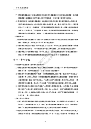 行政院施政報告
68
７７７７、、、、開展國際運動交流開展國際運動交流開展國際運動交流開展國際運動交流：：：：在國內舉辦之亞洲或世界性運動賽會計有在國內舉辦之亞洲或世界性運動賽會計有在國內舉辦之亞洲或世界性運動賽會計有在國內舉辦之亞洲或世界性運動賽會計有 13131313 項正式錦標賽項正式錦標賽項正式錦標賽項正式錦標賽、、、、24242424 項國項國項國項國
際邀請賽際邀請賽際邀請賽際邀請賽；；；；輔導籌辦輔導籌辦輔導籌辦輔導籌辦 2017201720172017 年臺北世界大學運動會年臺北世界大學運動會年臺北世界大學運動會年臺北世界大學運動會、、、、2019201920192019 年臺中東亞青年運動會年臺中東亞青年運動會年臺中東亞青年運動會年臺中東亞青年運動會。。。。
８８８８、、、、整建運動設施整建運動設施整建運動設施整建運動設施，，，，改善國民運動環境改善國民運動環境改善國民運動環境改善國民運動環境：：：：補助運動設施興補助運動設施興補助運動設施興補助運動設施興((((整整整整))))建計畫及國民運動中心興建計畫建計畫及國民運動中心興建計畫建計畫及國民運動中心興建計畫建計畫及國民運動中心興建計畫，，，，
105105105105 年審核通過補助地方政府運動設施興年審核通過補助地方政府運動設施興年審核通過補助地方政府運動設施興年審核通過補助地方政府運動設施興((((整整整整))))建計畫建計畫建計畫建計畫 3333 案案案案，，，，截至截至截至截至 105105105105 年年年年 6666 月底止月底止月底止月底止，，，，國民運國民運國民運國民運
動中心已動中心已動中心已動中心已 13131313 案完工案完工案完工案完工；；；；持續辦理持續辦理持續辦理持續辦理「「「「自行車道整體路網串連建設計畫自行車道整體路網串連建設計畫自行車道整體路網串連建設計畫自行車道整體路網串連建設計畫」，」，」，」，規劃全國串連路線整規劃全國串連路線整規劃全國串連路線整規劃全國串連路線整
合事宜合事宜合事宜合事宜，，，，已建置完成已建置完成已建置完成已建置完成「「「「自行車環島自行車環島自行車環島自行車環島 1111 號線號線號線號線」；」；」；」；推動國家運動園區整體興設計畫推動國家運動園區整體興設計畫推動國家運動園區整體興設計畫推動國家運動園區整體興設計畫，，，，辦理國家辦理國家辦理國家辦理國家
運動訓練中心及訓練基地之興整建運動訓練中心及訓練基地之興整建運動訓練中心及訓練基地之興整建運動訓練中心及訓練基地之興整建，，，，以周整各種配套設施以周整各種配套設施以周整各種配套設施以周整各種配套設施，，，，積極建構完善培訓環境積極建構完善培訓環境積極建構完善培訓環境積極建構完善培訓環境。。。。
((((三三三三))))學校體育學校體育學校體育學校體育：：：：
１１１１、、、、推動學生每週在校運動推動學生每週在校運動推動學生每週在校運動推動學生每週在校運動 150150150150 分鐘分鐘分鐘分鐘：：：：105105105105 年辦理第年辦理第年辦理第年辦理第 7777 屆國中小普及化運動屆國中小普及化運動屆國中小普及化運動屆國中小普及化運動((((包括健身操包括健身操包括健身操包括健身操、、、、樂樂樂樂樂樂樂樂
棒球棒球棒球棒球、、、、樂樂足球樂樂足球樂樂足球樂樂足球、、、、大隊接力大隊接力大隊接力大隊接力))))，，，，計計計計 150150150150 萬名學生參與萬名學生參與萬名學生參與萬名學生參與。。。。
２２２２、、、、確保學生水域安全確保學生水域安全確保學生水域安全確保學生水域安全：：：：截至截至截至截至 105105105105 年年年年 6666 月底止月底止月底止月底止，，，，已召開已召開已召開已召開 3333 次中央及地方水域安全會議次中央及地方水域安全會議次中央及地方水域安全會議次中央及地方水域安全會議，，，，研商確研商確研商確研商確
保學生水域安全事宜保學生水域安全事宜保學生水域安全事宜保學生水域安全事宜；；；；105105105105 年補助高級中等以下學校辦理年補助高級中等以下學校辦理年補助高級中等以下學校辦理年補助高級中等以下學校辦理 1,2651,2651,2651,265 場校園水域安全宣導場校園水域安全宣導場校園水域安全宣導場校園水域安全宣導。。。。
３３３３、、、、健全學校人才培育機制健全學校人才培育機制健全學校人才培育機制健全學校人才培育機制：：：：截至截至截至截至 105105105105 年年年年 6666 月底止月底止月底止月底止，，，，全全全全國各級學校進用國各級學校進用國各級學校進用國各級學校進用 614614614614 名專任運動教練名專任運動教練名專任運動教練名專任運動教練；；；；
核定核定核定核定 105105105105 學年度辦理運動傷害防護巡迴服務試行計畫學年度辦理運動傷害防護巡迴服務試行計畫學年度辦理運動傷害防護巡迴服務試行計畫學年度辦理運動傷害防護巡迴服務試行計畫 60606060 校校校校 60606060 名運動防護員名運動防護員名運動防護員名運動防護員。。。。
十一十一十一十一、、、、青年發展青年發展青年發展青年發展
((((一一一一))))促進青年生涯發展促進青年生涯發展促進青年生涯發展促進青年生涯發展，，，，提升青年就業競爭力提升青年就業競爭力提升青年就業競爭力提升青年就業競爭力：：：：
１１１１、、、、辦理在學青年職涯發展業務辦理在學青年職涯發展業務辦理在學青年職涯發展業務辦理在學青年職涯發展業務：：：：推動大專校院職涯輔導工作計畫推動大專校院職涯輔導工作計畫推動大專校院職涯輔導工作計畫推動大專校院職涯輔導工作計畫，，，，104104104104 學年度計學年度計學年度計學年度計 80808080 校參與校參與校參與校參與，，，，
辦理辦理辦理辦理 264264264264 案案案案。。。。105105105105 學年度提案計學年度提案計學年度提案計學年度提案計 113113113113 校校校校、、、、221221221221 案案案案，，，，刻正審查中刻正審查中刻正審查中刻正審查中。。。。
２２２２、、、、開拓青年多元職場體驗機會開拓青年多元職場體驗機會開拓青年多元職場體驗機會開拓青年多元職場體驗機會：：：：推廣推廣推廣推廣「「「「RICHRICHRICHRICH 職場體驗網職場體驗網職場體驗網職場體驗網」」」」資訊平臺資訊平臺資訊平臺資訊平臺，，，，截至截至截至截至 105105105105 年年年年 6666 月底止月底止月底止月底止，，，，
已累積已累積已累積已累積 2222 萬萬萬萬 5555,,,,612612612612 人次利用人次利用人次利用人次利用 RICHRICHRICHRICH 職場體驗網投遞履歷尋找工讀見習機會職場體驗網投遞履歷尋找工讀見習機會職場體驗網投遞履歷尋找工讀見習機會職場體驗網投遞履歷尋找工讀見習機會；；；；辦理各項特色辦理各項特色辦理各項特色辦理各項特色
工讀見習計畫工讀見習計畫工讀見習計畫工讀見習計畫，，，，截截截截至至至至 105105105105 年年年年 6666 月底止月底止月底止月底止，「，「，「，「大專生公部門見習計畫大專生公部門見習計畫大專生公部門見習計畫大專生公部門見習計畫」」」」媒合媒合媒合媒合 376376376376 人次見習人次見習人次見習人次見習、「、「、「、「經經經經
濟弱勢青年工讀計畫濟弱勢青年工讀計畫濟弱勢青年工讀計畫濟弱勢青年工讀計畫」」」」媒合媒合媒合媒合 519519519519 人次工讀人次工讀人次工讀人次工讀、「、「、「、「青年暑期社區工讀計畫青年暑期社區工讀計畫青年暑期社區工讀計畫青年暑期社區工讀計畫」」」」媒合媒合媒合媒合 500500500500 人工讀人工讀人工讀人工讀。。。。
３３３３、、、、辦理青年創新培力業務辦理青年創新培力業務辦理青年創新培力業務辦理青年創新培力業務：：：：105105105105 年推動年推動年推動年推動「「「「大專畢業生創業服務計畫大專畢業生創業服務計畫大專畢業生創業服務計畫大專畢業生創業服務計畫」，」，」，」，公告補助公告補助公告補助公告補助 75757575 組創業團組創業團組創業團組創業團
隊隊隊隊；；；；辦理辦理辦理辦理「「「「大專女學生領導力培訓營大專女學生領導力培訓營大專女學生領導力培訓營大專女學生領導力培訓營」，」，」，」，預計預計預計預計 222250505050 人次參訓人次參訓人次參訓人次參訓；；；；辦理辦理辦理辦理「「「「臺灣國際學生創意設臺灣國際學生創意設臺灣國際學生創意設臺灣國際學生創意設
計大賽計大賽計大賽計大賽」，」，」，」，預計預計預計預計 69696969 個國家或地區個國家或地區個國家或地區個國家或地區、、、、1111 萬萬萬萬 4444,,,,856856856856 件作品參賽件作品參賽件作品參賽件作品參賽；；；；辦理辦理辦理辦理「「「「智慧鐵人創意競賽智慧鐵人創意競賽智慧鐵人創意競賽智慧鐵人創意競賽」，」，」，」，計計計計
1,8731,8731,8731,873 隊隊隊隊、、、、1111 萬萬萬萬 1,2381,2381,2381,238 人次參與人次參與人次參與人次參與。。。。
((((二二二二))))擴大青年公共參與擴大青年公共參與擴大青年公共參與擴大青年公共參與：：：：
１１１１、、、、建立青年政策參與平臺建立青年政策參與平臺建立青年政策參與平臺建立青年政策參與平臺：：：：辦理青年團隊政策辦理青年團隊政策辦理青年團隊政策辦理青年團隊政策好點子競賽好點子競賽好點子競賽好點子競賽，，，，指定主題青年提案件數共計指定主題青年提案件數共計指定主題青年提案件數共計指定主題青年提案件數共計 116116116116
件件件件，，，，自訂主題提案件數共計自訂主題提案件數共計自訂主題提案件數共計自訂主題提案件數共計 50505050 件件件件；；；；辦理辦理辦理辦理「「「「學生會成果競賽及觀摩活動學生會成果競賽及觀摩活動學生會成果競賽及觀摩活動學生會成果競賽及觀摩活動」，」，」，」，共計共計共計共計 111111111111 校參與校參與校參與校參與；；；；
辦理辦理辦理辦理「「「「大專校院學生會專題研討課程計畫大專校院學生會專題研討課程計畫大專校院學生會專題研討課程計畫大專校院學生會專題研討課程計畫」，」，」，」，共補助共補助共補助共補助 17171717 校申辦校申辦校申辦校申辦 27272727 場課程場課程場課程場課程。。。。
２２２２、、、、提供多元社會參與管道提供多元社會參與管道提供多元社會參與管道提供多元社會參與管道：：：：結合大學校院及非營利組織共同開發結合大學校院及非營利組織共同開發結合大學校院及非營利組織共同開發結合大學校院及非營利組織共同開發「「「「青年社區參與行動計畫青年社區參與行動計畫青年社區參與行動計畫青年社區參與行動計畫」，」，」，」，
計補助計補助計補助計補助 34343434 件計畫件計畫件計畫件計畫；；；；辦理校園講座計畫辦理校園講座計畫辦理校園講座計畫辦理校園講座計畫，，，，截至截至截至截至 105105105105 年年年年 6666 月底止月底止月底止月底止，，，，受理申請受理申請受理申請受理申請 109109109109 場講座場講座場講座場講座；；；；辦辦辦辦
行
政
院
行
政
院
第
3512次
院
會
會
議
5675B3513DD000D7
 