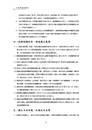行政院施政報告
74
互助案件共互助案件共互助案件共互助案件共 8888 萬萬萬萬 4,7844,7844,7844,784 件件件件，，，，完成完成完成完成 6666 萬萬萬萬 8,5628,5628,5628,562 件件件件，，，，完成率逾八成完成率逾八成完成率逾八成完成率逾八成，，，，平均每個月完成約平均每個月完成約平均每個月完成約平均每個月完成約 800800800800 件件件件，，，，
其中司法文書送達計其中司法文書送達計其中司法文書送達計其中司法文書送達計 5555 萬萬萬萬 5,5365,5365,5365,536 件件件件，，，，完成調查取證案件計完成調查取證案件計完成調查取證案件計完成調查取證案件計 1,3191,3191,3191,319 件件件件。。。。
２２２２、、、、共同打擊犯罪方面共同打擊犯罪方面共同打擊犯罪方面共同打擊犯罪方面，，，，計破獲各類重大刑案計破獲各類重大刑案計破獲各類重大刑案計破獲各類重大刑案 185185185185 件件件件，，，，逮捕嫌疑犯逮捕嫌疑犯逮捕嫌疑犯逮捕嫌疑犯 8,8,8,8,829829829829 人人人人，，，，扣押毒品及原料扣押毒品及原料扣押毒品及原料扣押毒品及原料
3333 萬萬萬萬 8,3008,3008,3008,300 餘公斤餘公斤餘公斤餘公斤，，，，破獲電信詐欺案破獲電信詐欺案破獲電信詐欺案破獲電信詐欺案 88888888 件件件件，，，，累計自中國大陸遣返刑事犯及刑事嫌疑犯累計自中國大陸遣返刑事犯及刑事嫌疑犯累計自中國大陸遣返刑事犯及刑事嫌疑犯累計自中國大陸遣返刑事犯及刑事嫌疑犯 462462462462
人人人人，，，，平均每月遣返約平均每月遣返約平均每月遣返約平均每月遣返約 5555 人人人人。。。。
３３３３、、、、在我方與中國大陸最高人民法院及公安部聯繫協調下在我方與中國大陸最高人民法院及公安部聯繫協調下在我方與中國大陸最高人民法院及公安部聯繫協調下在我方與中國大陸最高人民法院及公安部聯繫協調下，，，，就跨境電信詐騙案件罪贓查扣返還就跨境電信詐騙案件罪贓查扣返還就跨境電信詐騙案件罪贓查扣返還就跨境電信詐騙案件罪贓查扣返還
被害人問題被害人問題被害人問題被害人問題，，，，已有已有已有已有 10101010 件案例完成返還件案例完成返還件案例完成返還件案例完成返還，，，，分別由中國大陸返還我方被害人計分別由中國大陸返還我方被害人計分別由中國大陸返還我方被害人計分別由中國大陸返還我方被害人計 1,2621,2621,2621,262 萬餘元萬餘元萬餘元萬餘元，，，，
我方返還中國大陸被害人計我方返還中國大陸被害人計我方返還中國大陸被害人計我方返還中國大陸被害人計 1,6751,6751,6751,675 萬餘元萬餘元萬餘元萬餘元。。。。
四四四四、、、、疏解超額收容疏解超額收容疏解超額收容疏解超額收容，，，，精進矯正處遇精進矯正處遇精進矯正處遇精進矯正處遇
((((一一一一))))「「「「易服社會勞動易服社會勞動易服社會勞動易服社會勞動」」」」制度制度制度制度：：：：本期全國各地檢署共新收本期全國各地檢署共新收本期全國各地檢署共新收本期全國各地檢署共新收 6666,,,,648648648648 件件件件，，，，已執行案件計已執行案件計已執行案件計已執行案件計 6666,,,,648648648648 件件件件，，，，共出共出共出共出
動動動動 29292929 萬萬萬萬 5,5525,5525,5525,552 人次人次人次人次，，，，提供勞動服務計提供勞動服務計提供勞動服務計提供勞動服務計 111199999999 萬萬萬萬 5555,,,,569569569569 小時小時小時小時，，，，以以以以 101010105555 年基本工資每小時年基本工資每小時年基本工資每小時年基本工資每小時 120120120120 元計元計元計元計
算算算算，，，，至少創造相當於至少創造相當於至少創造相當於至少創造相當於 2222 億億億億 3,9463,9463,9463,946 萬萬萬萬 8888,,,,280280280280 元產值回饋社會元產值回饋社會元產值回饋社會元產值回饋社會。。。。
((((二二二二))))積極推廣遠距接見服務積極推廣遠距接見服務積極推廣遠距接見服務積極推廣遠距接見服務：：：：本期受理收容人家屬申請遠距接見本期受理收容人家屬申請遠距接見本期受理收容人家屬申請遠距接見本期受理收容人家屬申請遠距接見 1111 萬萬萬萬 0,2350,2350,2350,235 件件件件；；；；另家屬得事先預另家屬得事先預另家屬得事先預另家屬得事先預
約約約約，，，，縮短等候時間縮短等候時間縮短等候時間縮短等候時間，，，，共辦理共辦理共辦理共辦理 1111 萬萬萬萬 0,7350,7350,7350,735 件件件件。。。。
((((三三三三))))受刑人經核准可在戒護人員陪同下返家探視受刑人經核准可在戒護人員陪同下返家探視受刑人經核准可在戒護人員陪同下返家探視受刑人經核准可在戒護人員陪同下返家探視：：：：本期共辦理本期共辦理本期共辦理本期共辦理 682682682682 件件件件，，，，使受刑人能盡孝道與人倫使受刑人能盡孝道與人倫使受刑人能盡孝道與人倫使受刑人能盡孝道與人倫，，，，
重建更生之信心重建更生之信心重建更生之信心重建更生之信心。。。。
((((四四四四))))收容人日間外出接受職業訓練計畫收容人日間外出接受職業訓練計畫收容人日間外出接受職業訓練計畫收容人日間外出接受職業訓練計畫：：：：本期計有本期計有本期計有本期計有 12121212 位受刑人參加日間外出職訓位受刑人參加日間外出職訓位受刑人參加日間外出職訓位受刑人參加日間外出職訓。。。。
((((五五五五))))推動在監就業博覽會等就業媒合活動推動在監就業博覽會等就業媒合活動推動在監就業博覽會等就業媒合活動推動在監就業博覽會等就業媒合活動：：：：提供收容人工作資訊提供收容人工作資訊提供收容人工作資訊提供收容人工作資訊，，，，媒合收容人就業媒合收容人就業媒合收容人就業媒合收容人就業機會機會機會機會，，，，讓收容讓收容讓收容讓收容
人對出監後生活預作規劃人對出監後生活預作規劃人對出監後生活預作規劃人對出監後生活預作規劃，，，，本期計有廠商本期計有廠商本期計有廠商本期計有廠商 389389389389 家參與家參與家參與家參與，，，，提供提供提供提供 3,0843,0843,0843,084 個職缺個職缺個職缺個職缺，，，，參與媒合參與媒合參與媒合參與媒合 1,6221,6221,6221,622
件件件件，，，，媒合成功媒合成功媒合成功媒合成功 1,1261,1261,1261,126 件件件件，，，，媒合率媒合率媒合率媒合率 67.7%67.7%67.7%67.7%。。。。
((((六六六六))))推展收容人品格教育推展收容人品格教育推展收容人品格教育推展收容人品格教育、、、、生命教育生命教育生命教育生命教育，，，，健全收容人心靈健全收容人心靈健全收容人心靈健全收容人心靈：：：：本期舉辦本期舉辦本期舉辦本期舉辦 1,4531,4531,4531,453 場讀書會場讀書會場讀書會場讀書會、、、、1,4621,4621,4621,462 場次場次場次場次
藝文競賽藝文競賽藝文競賽藝文競賽、、、、236236236236 場家庭支持團體活動場家庭支持團體活動場家庭支持團體活動場家庭支持團體活動，，，，並開設並開設並開設並開設 1,5971,5971,5971,597 班次技藝訓練班次技藝訓練班次技藝訓練班次技藝訓練。。。。
((((七七七七))))提供收容人健保醫療補助提供收容人健保醫療補助提供收容人健保醫療補助提供收容人健保醫療補助：：：：本期法務部全額補助健保費之收容人計本期法務部全額補助健保費之收容人計本期法務部全額補助健保費之收容人計本期法務部全額補助健保費之收容人計 37373737 萬萬萬萬 3,7353,7353,7353,735 人次人次人次人次，，，，收容人收容人收容人收容人
自行繳納健保費計自行繳納健保費計自行繳納健保費計自行繳納健保費計 2222 萬萬萬萬 2,4742,4742,4742,474 人次人次人次人次，，，，另不符保險資格者計另不符保險資格者計另不符保險資格者計另不符保險資格者計 3,6593,6593,6593,659 人次人次人次人次。。。。
((((八八八八))))疏解疏解疏解疏解矯正機關收容超額情形矯正機關收容超額情形矯正機關收容超額情形矯正機關收容超額情形：：：：104104104104 年年年年 7777 月月月月 16161616 日成立法務部矯正署臺南第二監獄及八德外役監日成立法務部矯正署臺南第二監獄及八德外役監日成立法務部矯正署臺南第二監獄及八德外役監日成立法務部矯正署臺南第二監獄及八德外役監
獄獄獄獄，，，，預計至預計至預計至預計至 105105105105 年年年年 12121212 月底分別可收容月底分別可收容月底分別可收容月底分別可收容 960960960960 人及人及人及人及 408408408408 人人人人。。。。
((((九九九九))))推動加速假釋釋放流程推動加速假釋釋放流程推動加速假釋釋放流程推動加速假釋釋放流程︰︰︰︰透過短刑期假釋專案速辦透過短刑期假釋專案速辦透過短刑期假釋專案速辦透過短刑期假釋專案速辦、、、、簡化假釋核辦流程及假釋公文電子化等簡化假釋核辦流程及假釋公文電子化等簡化假釋核辦流程及假釋公文電子化等簡化假釋核辦流程及假釋公文電子化等
政策之實施政策之實施政策之實施政策之實施，，，，審核假釋所需時間由原本報請假釋至釋放期間平均約審核假釋所需時間由原本報請假釋至釋放期間平均約審核假釋所需時間由原本報請假釋至釋放期間平均約審核假釋所需時間由原本報請假釋至釋放期間平均約 40404040 日縮短至日縮短至日縮短至日縮短至 24242424 日日日日，，，，大幅大幅大幅大幅
提高假釋釋放效率提高假釋釋放效率提高假釋釋放效率提高假釋釋放效率。。。。
五五五五、、、、擴大司法保護擴大司法保護擴大司法保護擴大司法保護，，，，加強法治宣導加強法治宣導加強法治宣導加強法治宣導
((((一一一一))))設置司法保護中心設置司法保護中心設置司法保護中心設置司法保護中心，，，，建立司法與社政資源之聯結建立司法與社政資源之聯結建立司法與社政資源之聯結建立司法與社政資源之聯結：：：：本期各地檢署司法保護中心共計受理本期各地檢署司法保護中心共計受理本期各地檢署司法保護中心共計受理本期各地檢署司法保護中心共計受理 189189189189
行
政
院
行
政
院
第
3512次
院
會
會
議
5675B3513DD000D7
 