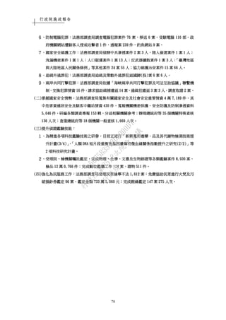 行政院施政報告
78
６６６６、、、、防制電腦犯罪防制電腦犯罪防制電腦犯罪防制電腦犯罪：：：：法務部調查局調查電腦犯罪案件法務部調查局調查電腦犯罪案件法務部調查局調查電腦犯罪案件法務部調查局調查電腦犯罪案件 76767676 案案案案、、、、移送移送移送移送 6666 案案案案，，，，受駭電腦受駭電腦受駭電腦受駭電腦 116116116116 部部部部，，，，政政政政
府機關網站遭駭府機關網站遭駭府機關網站遭駭府機關網站遭駭客入侵或攻擊者客入侵或攻擊者客入侵或攻擊者客入侵或攻擊者 1111 件件件件，，，，通報案通報案通報案通報案 239239239239 件件件件，，，，釣魚網站釣魚網站釣魚網站釣魚網站 9999 案案案案。。。。
７７７７、、、、國家安全維護工作國家安全維護工作國家安全維護工作國家安全維護工作：：：：法務部調查局偵辦中共滲透案件法務部調查局偵辦中共滲透案件法務部調查局偵辦中共滲透案件法務部調查局偵辦中共滲透案件 2222 案案案案 3333 人人人人，，，，陸陸陸陸人偷渡案件人偷渡案件人偷渡案件人偷渡案件 1111 案案案案 1111 人人人人；；；；
洩洩洩洩漏機密案件漏機密案件漏機密案件漏機密案件 1111 案案案案 1111 人人人人；；；；人口販運案件人口販運案件人口販運案件人口販運案件 1111 案案案案 13131313 人人人人；；；；反武器擴散案件反武器擴散案件反武器擴散案件反武器擴散案件 1111 案案案案 3333 人人人人；「；「；「；「臺灣地區臺灣地區臺灣地區臺灣地區
與大陸地區人民關係條例與大陸地區人民關係條例與大陸地區人民關係條例與大陸地區人民關係條例」」」」等其他案件等其他案件等其他案件等其他案件 24242424 案案案案 55555555 人人人人；；；；協力維護治協力維護治協力維護治協力維護治安案件安案件安案件安案件 15151515 案案案案 66666666 人人人人。。。。
８８８８、、、、追緝外逃罪犯追緝外逃罪犯追緝外逃罪犯追緝外逃罪犯：：：：法務部調查局追緝及策動外逃罪犯返國歸法務部調查局追緝及策動外逃罪犯返國歸法務部調查局追緝及策動外逃罪犯返國歸法務部調查局追緝及策動外逃罪犯返國歸((((投投投投))))案案案案 6666 案案案案 6666 人人人人。。。。
９９９９、、、、兩岸共同打擊犯罪兩岸共同打擊犯罪兩岸共同打擊犯罪兩岸共同打擊犯罪：：：：法務部調查局依據法務部調查局依據法務部調查局依據法務部調查局依據「「「「海峽兩岸共同打擊犯罪及司法互助協議海峽兩岸共同打擊犯罪及司法互助協議海峽兩岸共同打擊犯罪及司法互助協議海峽兩岸共同打擊犯罪及司法互助協議」」」」聯繫機聯繫機聯繫機聯繫機
制制制制，，，，交換犯罪情資交換犯罪情資交換犯罪情資交換犯罪情資 16161616 件件件件、、、、請求協助緝捕遣返請求協助緝捕遣返請求協助緝捕遣返請求協助緝捕遣返 14141414 案案案案，，，，通緝犯遣返通緝犯遣返通緝犯遣返通緝犯遣返 3333 案案案案 3333 人人人人，，，，調查取證調查取證調查取證調查取證 2222 案案案案。。。。
((((二二二二))))掌握國家安全情勢掌握國家安全情勢掌握國家安全情勢掌握國家安全情勢：：：：法務部調查局蒐集有關國家安全及社會安定重要情資法務部調查局蒐集有關國家安全及社會安定重要情資法務部調查局蒐集有關國家安全及社會安定重要情資法務部調查局蒐集有關國家安全及社會安定重要情資 4444 萬萬萬萬 7,1897,1897,1897,189 件件件件，，，，其其其其
中危害資通訊安全及駭客中繼站情資中危害資通訊安全及駭客中繼站情資中危害資通訊安全及駭客中繼站情資中危害資通訊安全及駭客中繼站情資 430430430430 件件件件，，，，蒐報機關機密保護蒐報機關機密保護蒐報機關機密保護蒐報機關機密保護、、、、安全防護及防制滲透資料安全防護及防制滲透資料安全防護及防制滲透資料安全防護及防制滲透資料
5,0465,0465,0465,046 件件件件，，，，研編各類調查專報研編各類調查專報研編各類調查專報研編各類調查專報 153153153153 輯輯輯輯，，，，分送相關機關參考分送相關機關參考分送相關機關參考分送相關機關參考；；；；辦理總統府等辦理總統府等辦理總統府等辦理總統府等 35353535 個機關特殊查核個機關特殊查核個機關特殊查核個機關特殊查核
136136136136 人次人次人次人次；；；；查復總統府等查復總統府等查復總統府等查復總統府等 18181818 個機關一般查核個機關一般查核個機關一般查核個機關一般查核 1,6691,6691,6691,669 人次人次人次人次。。。。
((((三三三三))))提升偵證鑑驗技能提升偵證鑑驗技能提升偵證鑑驗技能提升偵證鑑驗技能：：：：
１１１１、、、、為精進各項科技鑑驗技術之研發為精進各項科技鑑驗技術之研發為精進各項科技鑑驗技術之研發為精進各項科技鑑驗技術之研發，，，，目前正進行目前正進行目前正進行目前正進行「「「「新興濫用毒藥新興濫用毒藥新興濫用毒藥新興濫用毒藥、、、、品及其代謝物檢測技術提品及其代謝物檢測技術提品及其代謝物檢測技術提品及其代謝物檢測技術提
升計畫升計畫升計畫升計畫((((3333/4)/4)/4)/4)」、「」、「」、「」、「人類人類人類人類 DNADNADNADNA 短片段重複性基因遺傳特徵血緣關短片段重複性基因遺傳特徵血緣關短片段重複性基因遺傳特徵血緣關短片段重複性基因遺傳特徵血緣關係指數提升之研究係指數提升之研究係指數提升之研究係指數提升之研究((((2222////2222))))」」」」等等等等
2222 項科技研究計畫項科技研究計畫項科技研究計畫項科技研究計畫。。。。
２２２２、、、、受理院受理院受理院受理院、、、、檢機關囑託鑑定檢機關囑託鑑定檢機關囑託鑑定檢機關囑託鑑定，，，，完成物理完成物理完成物理完成物理、、、、化學化學化學化學、、、、文書及生物跡證等各類鑑驗案件文書及生物跡證等各類鑑驗案件文書及生物跡證等各類鑑驗案件文書及生物跡證等各類鑑驗案件 8888,,,,930930930930 案案案案、、、、
檢品檢品檢品檢品 12121212 萬萬萬萬 0,7660,7660,7660,766 件件件件；；；；完成數位鑑識工作完成數位鑑識工作完成數位鑑識工作完成數位鑑識工作 114114114114 案案案案、、、、證證證證物物物物 511511511511 件件件件。。。。
((((四四四四))))強化為民服務工作強化為民服務工作強化為民服務工作強化為民服務工作：：：：法務部調查局受理民眾檢舉不法法務部調查局受理民眾檢舉不法法務部調查局受理民眾檢舉不法法務部調查局受理民眾檢舉不法 1,6121,6121,6121,612 案案案案；；；；免費協助民眾進行火焚及污免費協助民眾進行火焚及污免費協助民眾進行火焚及污免費協助民眾進行火焚及污
破損鈔券鑑定破損鈔券鑑定破損鈔券鑑定破損鈔券鑑定 96969696 案案案案，，，，鑑定金額鑑定金額鑑定金額鑑定金額 733733733733 萬萬萬萬 5,0605,0605,0605,060 元元元元；；；；完成親緣鑑定完成親緣鑑定完成親緣鑑定完成親緣鑑定 147147147147 案案案案 275275275275 人次人次人次人次。。。。
行
政
院
行
政
院
第
3512次
院
會
會
議
5675B3513DD000D7
 