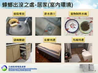 浴室
廚餘堆放 排水溝口 寵物飼料水碗
7
儲碗櫃縫 床 周遭腳 馬桶周遭
 