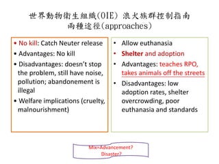 世界動物衛生組織(OIE) 浪犬族群控制指南
兩種途徑(approaches)
• No kill: Catch Neuter release
• Advantages: No kill
• Disadvantages: doesn’t stop
the problem, still have noise,
pollution; abandonement is
illegal
• Welfare implications (cruelty,
malnourishment)
• Allow euthanasia
• Shelter and adoption
• Advantages: teaches RPO,
takes animals off the streets
• Disadvantages: low
adoption rates, shelter
overcrowding, poor
euthanasia and standards
Mix=Advancement?
Disaster?
 