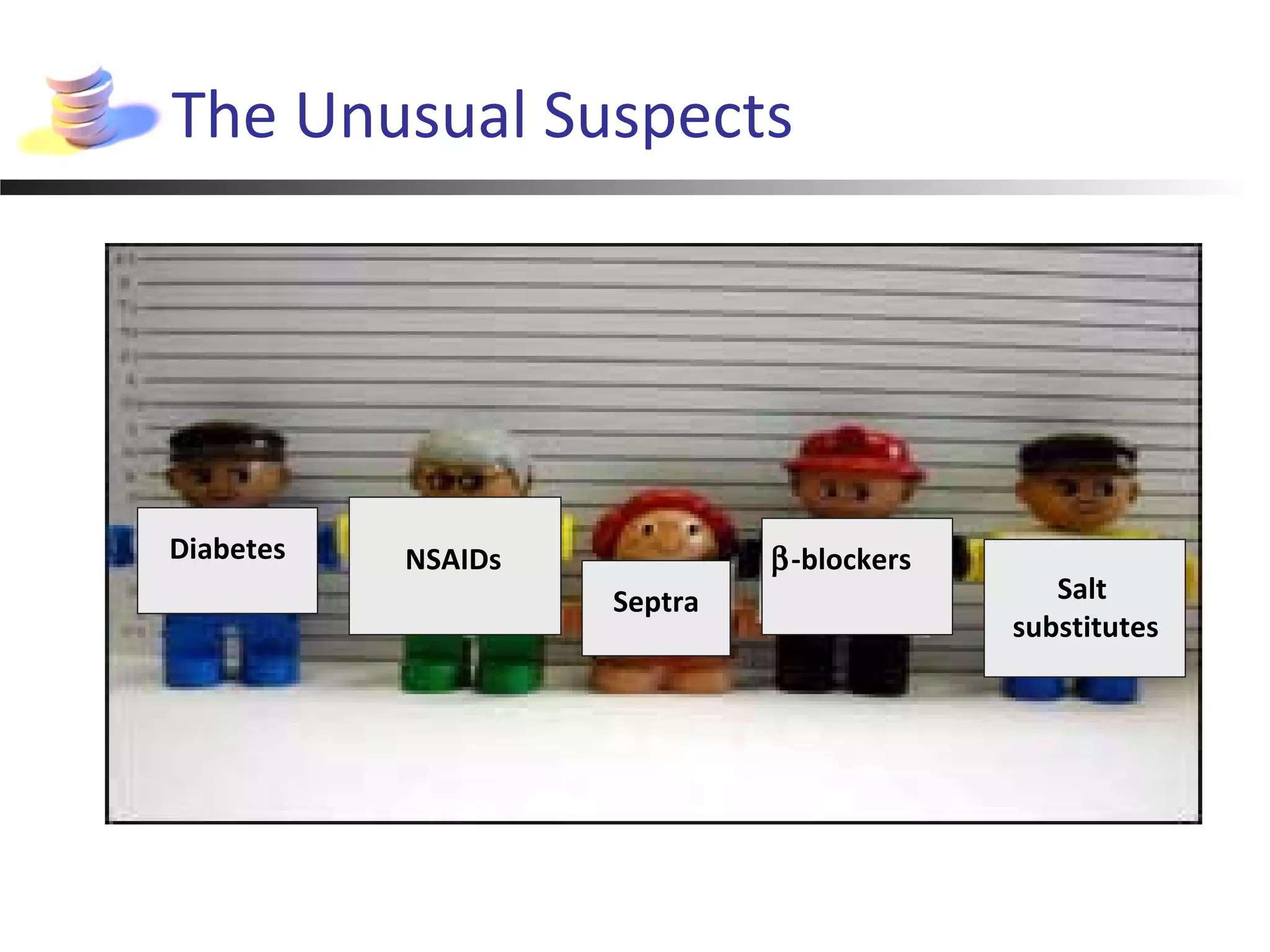 The Unusual Suspects
NSAIDsDiabetes β-blockers
Septra Salt
substitutes
 