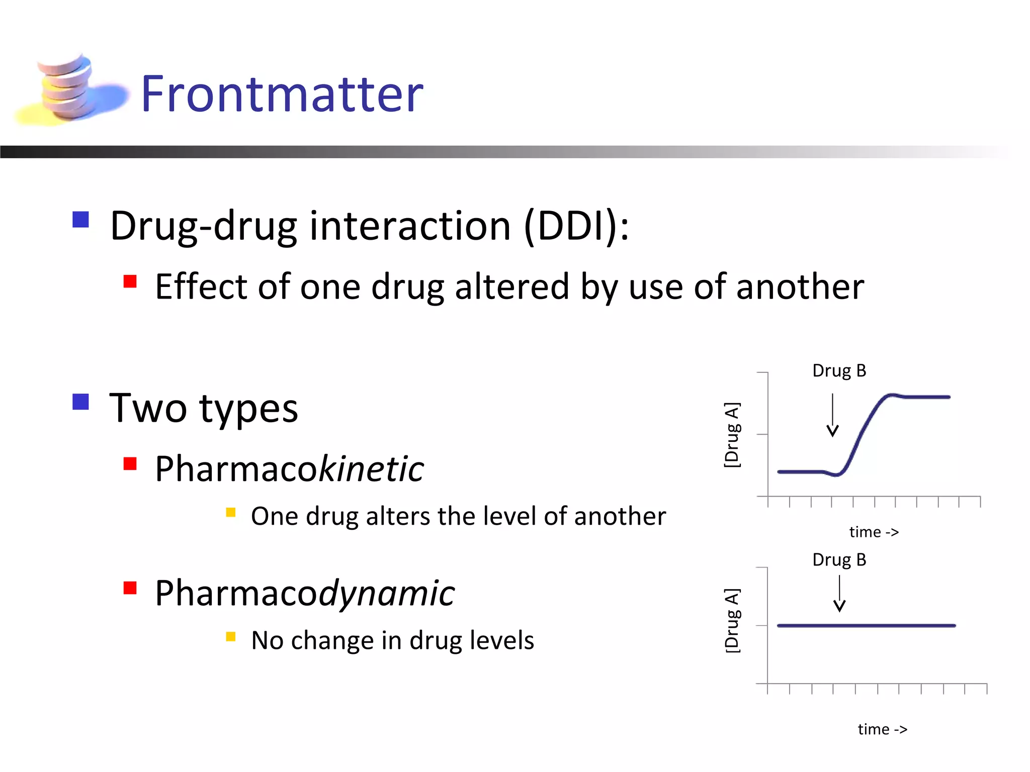 Frontmatter
 Drug-drug interaction (DDI):
 Effect of one drug altered by use of another
 Two types
 Pharmacokinetic
 One drug alters the level of another
 Pharmacodynamic
 No change in drug levels
time ->
time ->[DrugA]
Drug B
Drug B
[DrugA]
 