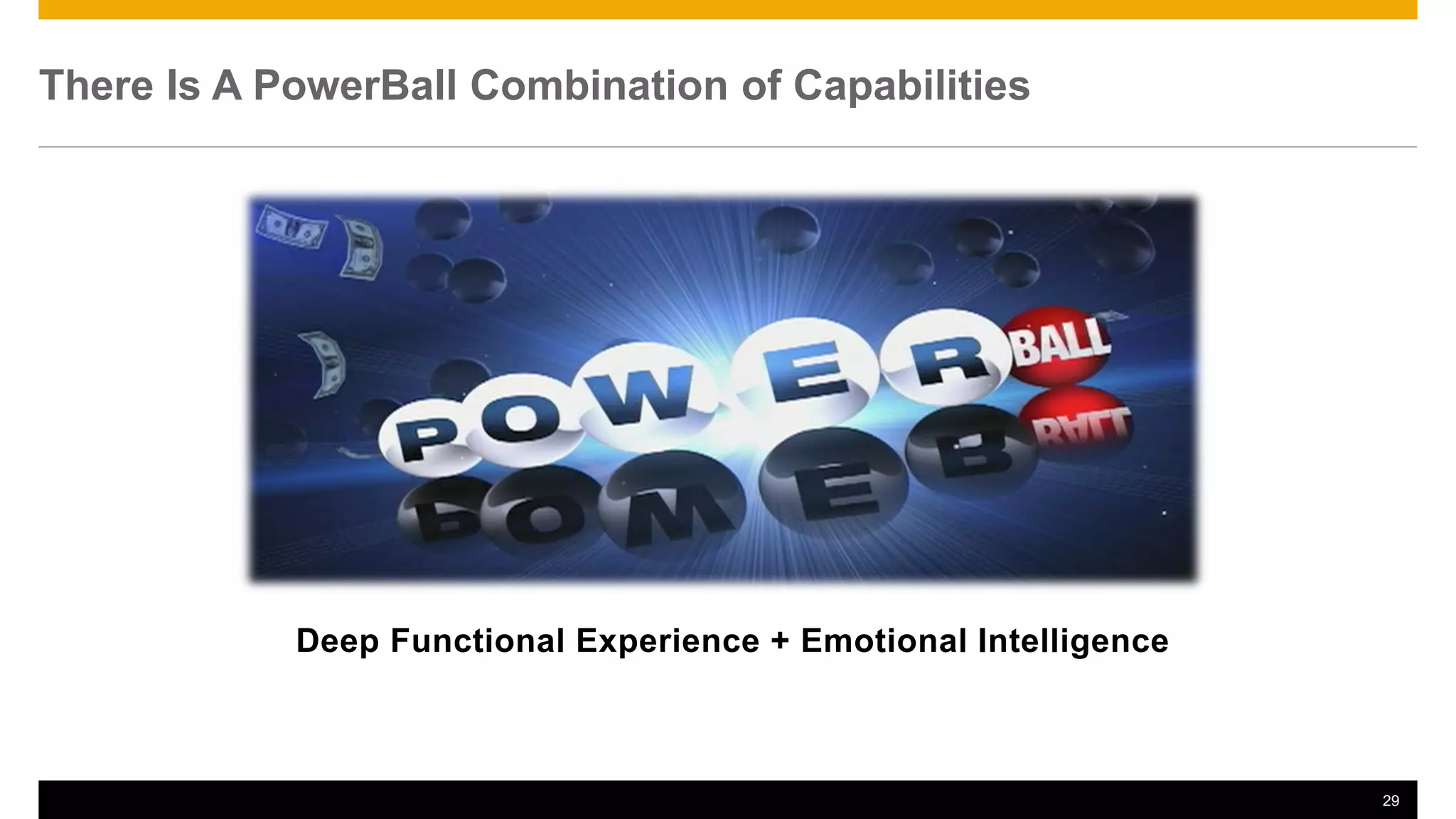 There Is A PowerBall Combination of Capabilities
29
Deep Functional Experience + Emotional Intelligence
 