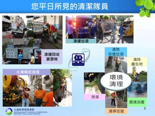 環境消毒
除草
清除
廣告物
水溝積泥清理
您平日所見的清潔隊員
2
清運回收
資源物
清運垃圾
清除
街道垃圾
清掃街道
 