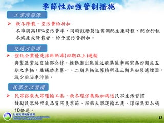 季節性加強管制措施
 秋冬降載，空污費給折扣
冬季調高10%空污費率，同時鼓勵製造業調配生產時程，配合於秋
冬減產或降載者，給予空污費折扣。
工業污染源
交通污染源
民眾生活習慣
 強化企業優先採用新車(四期以上)運輸
與製造業及交通部合作，推動進出廠區及航港區車輛需為四期或五
期之車輛，並補助老舊一、二期車輛汰舊換新及三期車加裝濾煙器，
減少柴油車污染。
 民眾搭乘大眾運輸工具，秋冬環保集點加碼送民眾生活習慣
• 鼓勵民眾於空氣品質不良季節，搭乘大眾運輸工具，環保集點加碼
10倍送。
13
 